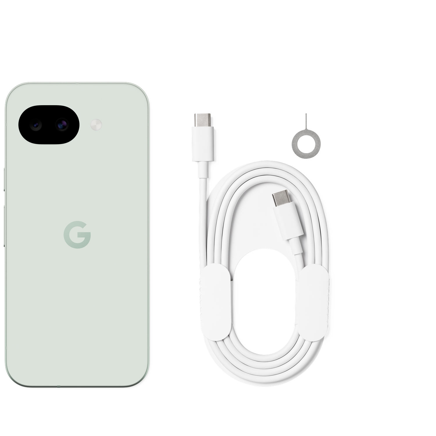 A light green smartphone with two cameras and a white USB-C cable with SIM tool.