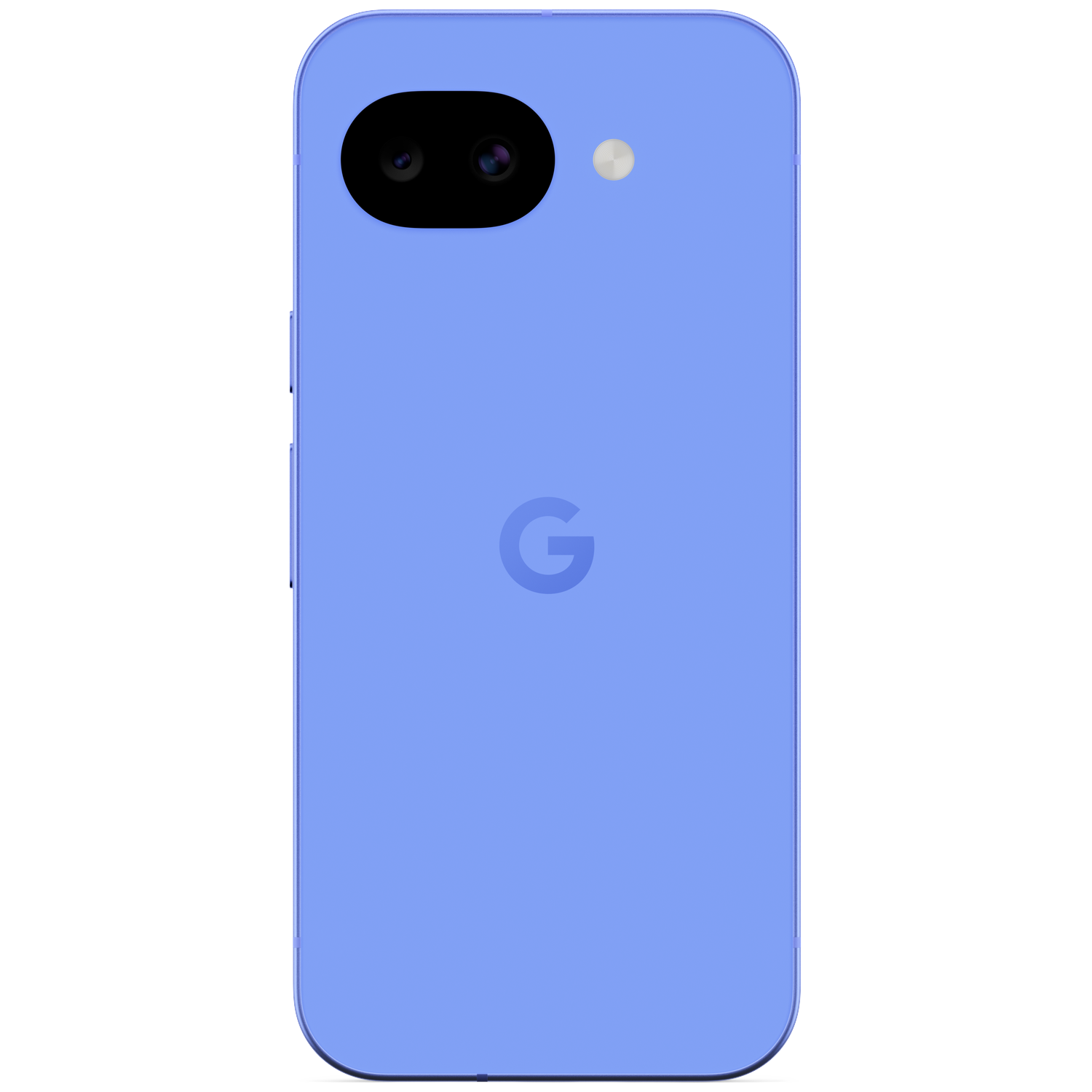 Back of a light blue Google Pixel phone with two cameras and a flash.