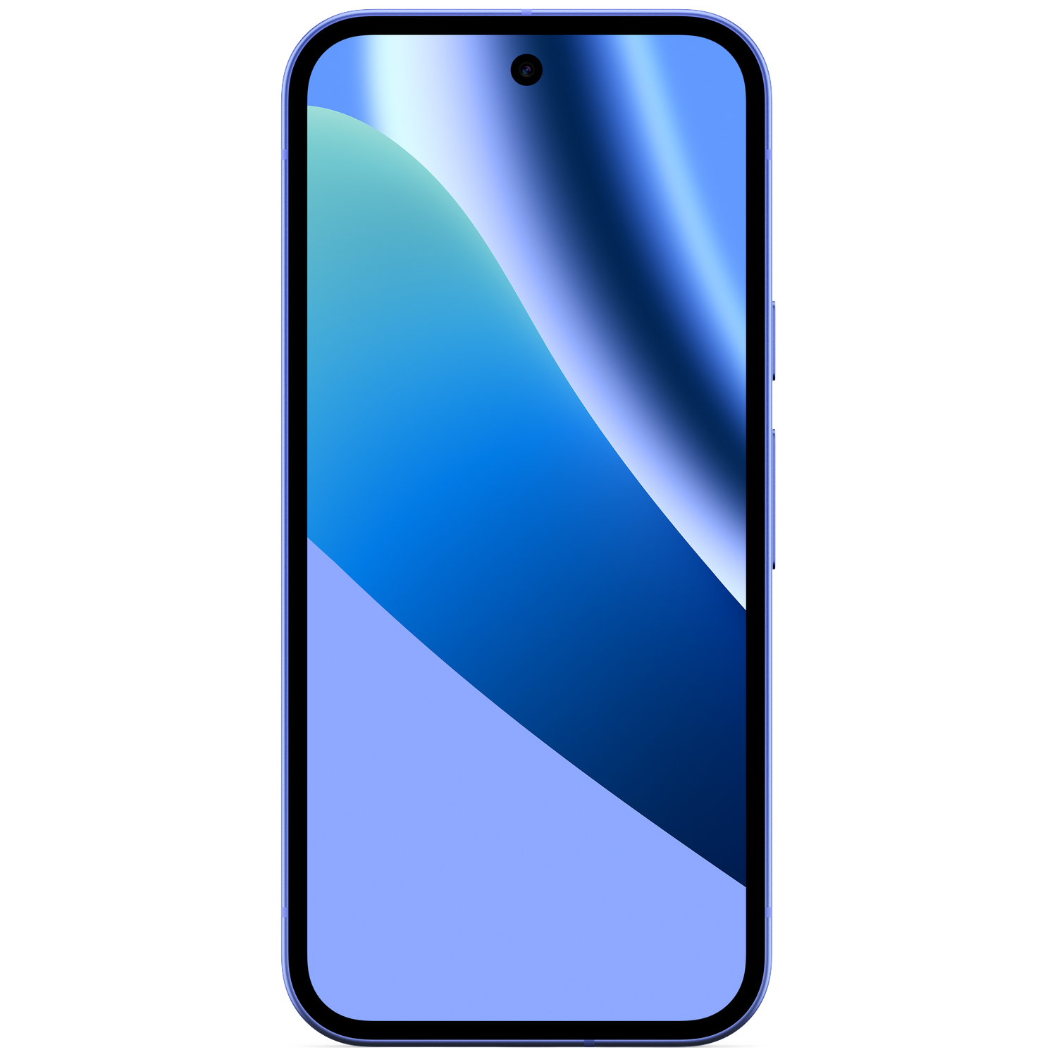 A sleek, light purple smartphone with a dark screen displaying blue gradients.