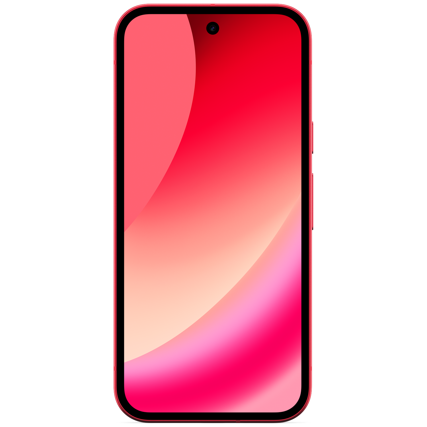 A red smartphone displaying a gradient background on its screen.