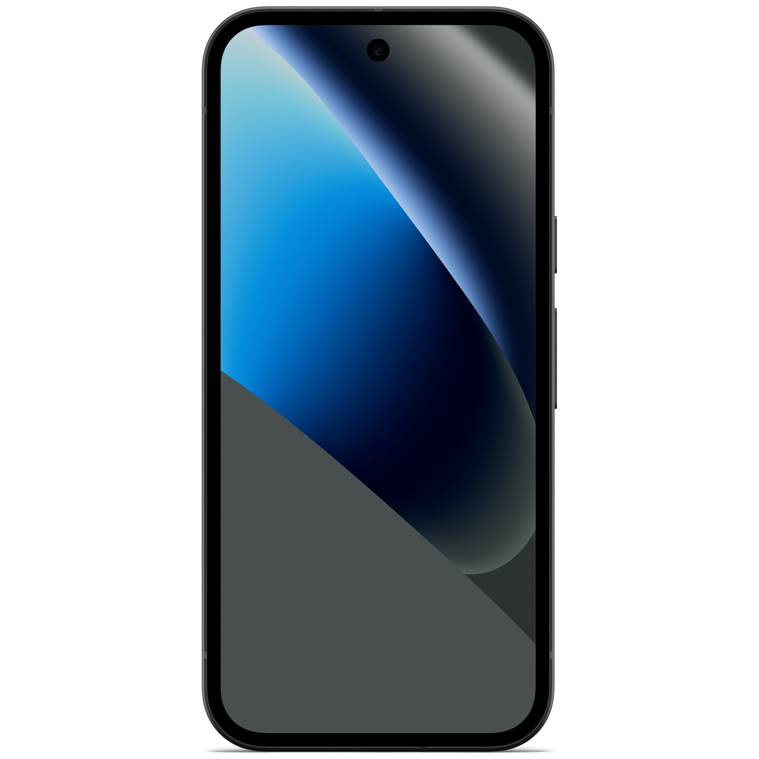 A black smartphone displaying a blue and gray wallpaper.