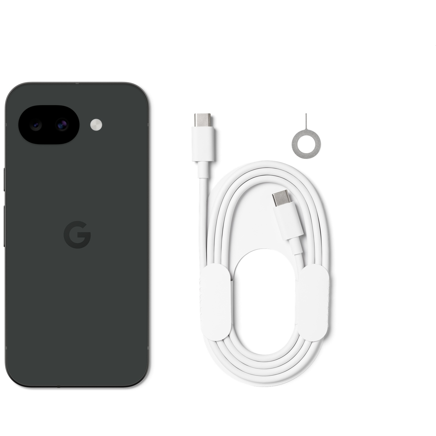 Dark grey Google Pixel phone with camera, charger cable, and SIM tool.