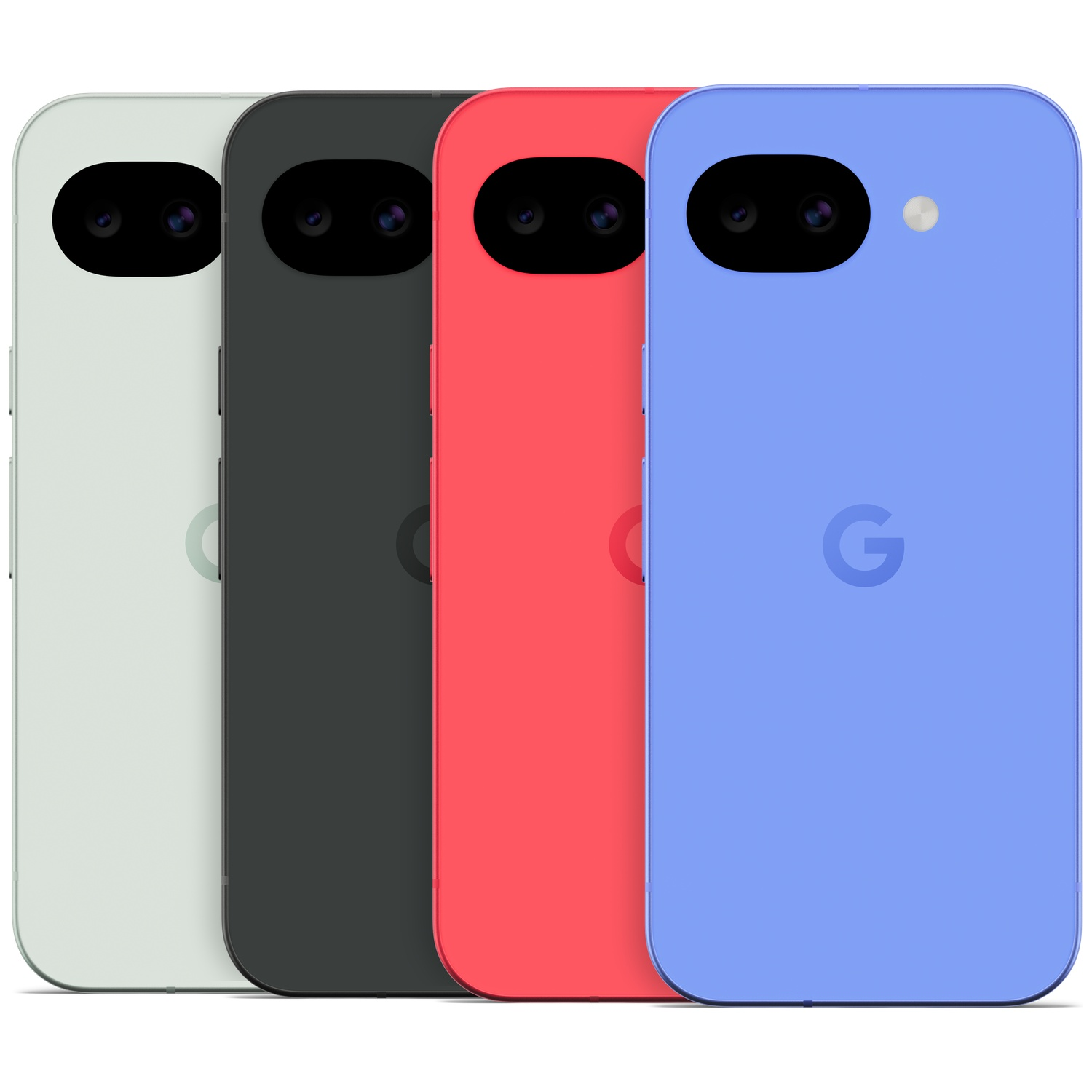 Four pastel-colored smartphones: light green, charcoal, coral, and blue.
