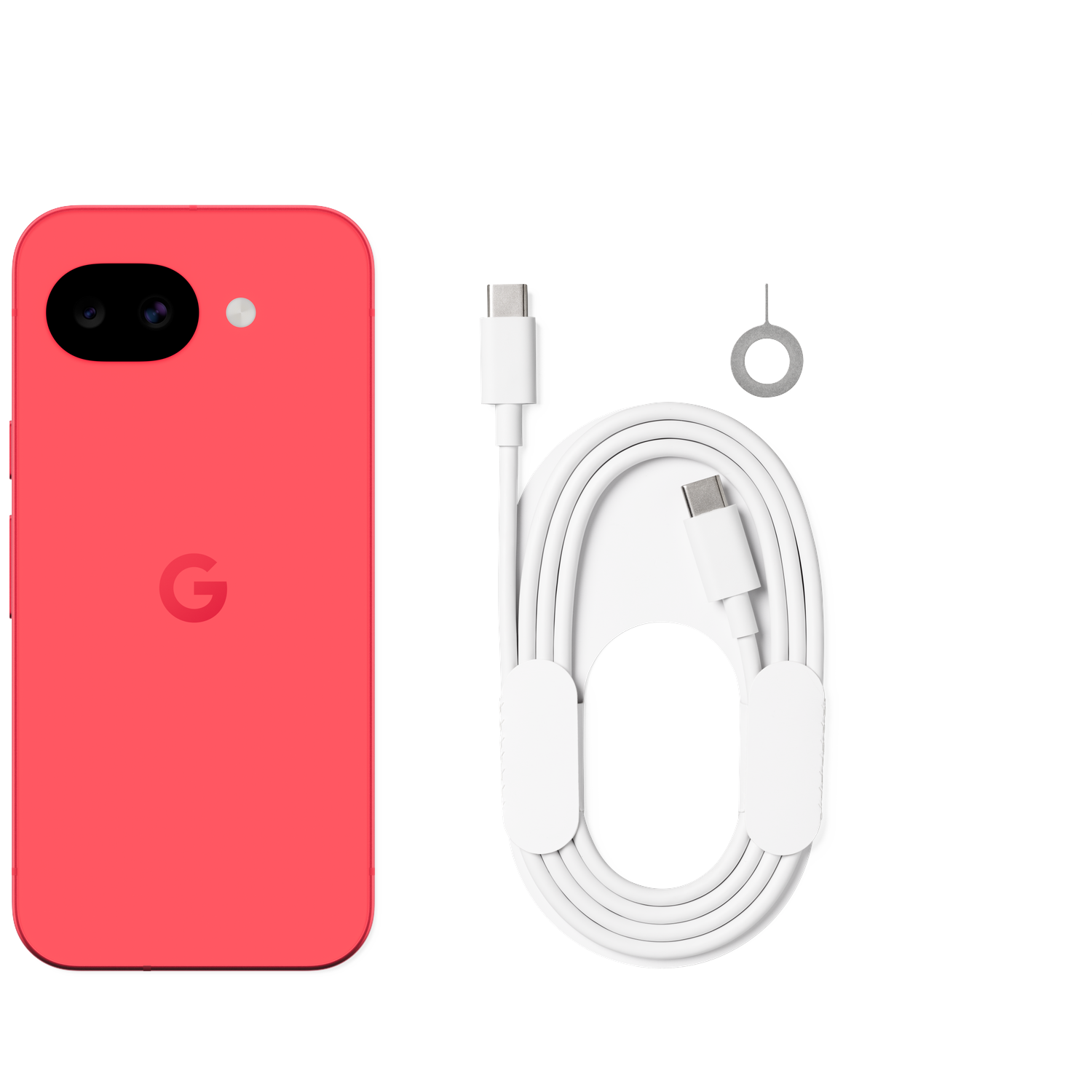 Red Google Pixel phone with USB-C cable and SIM tool.