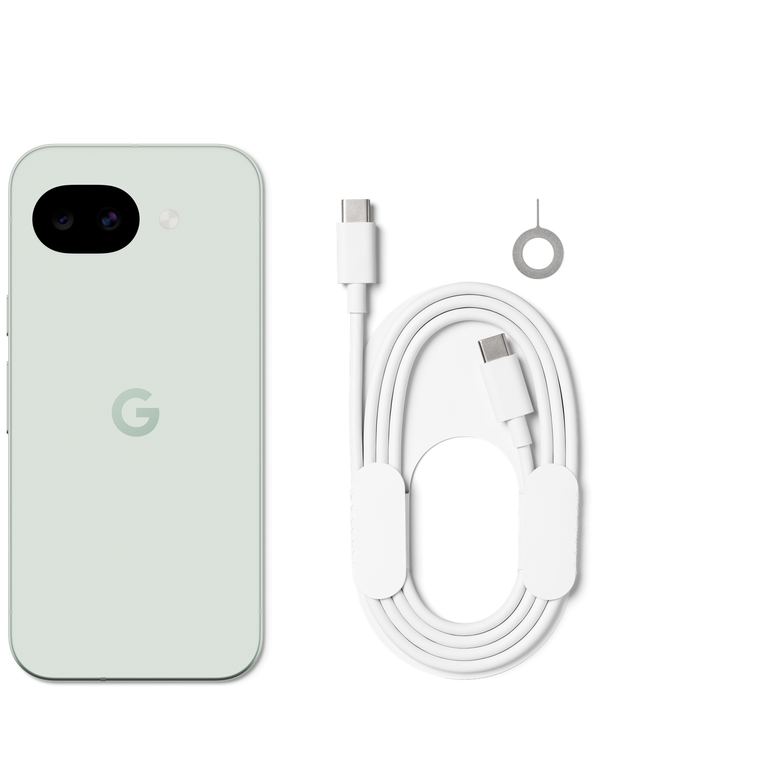 A light green Google Pixel phone with charging cable and SIM tool.