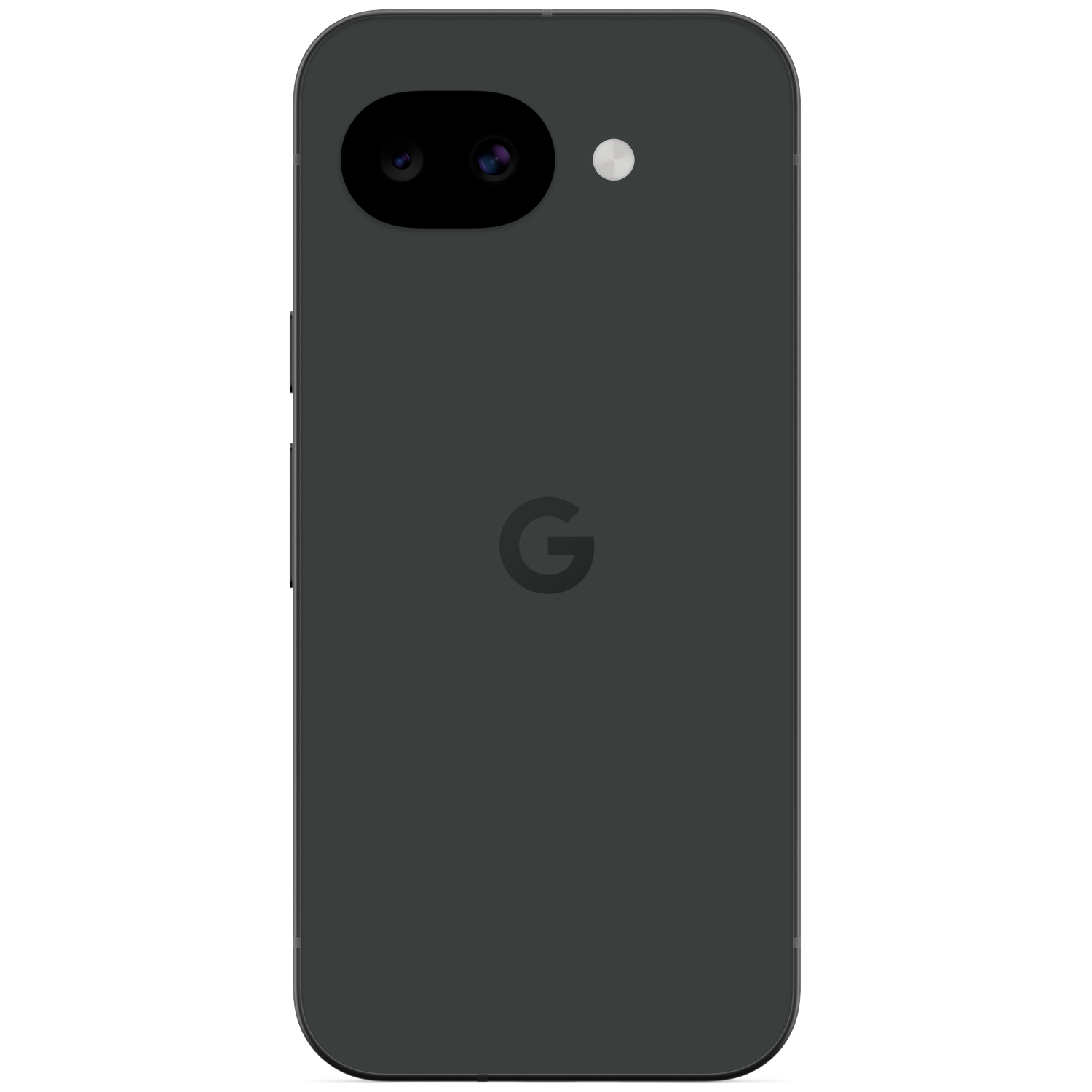 Dark gray smartphone with two cameras and flash on the back.