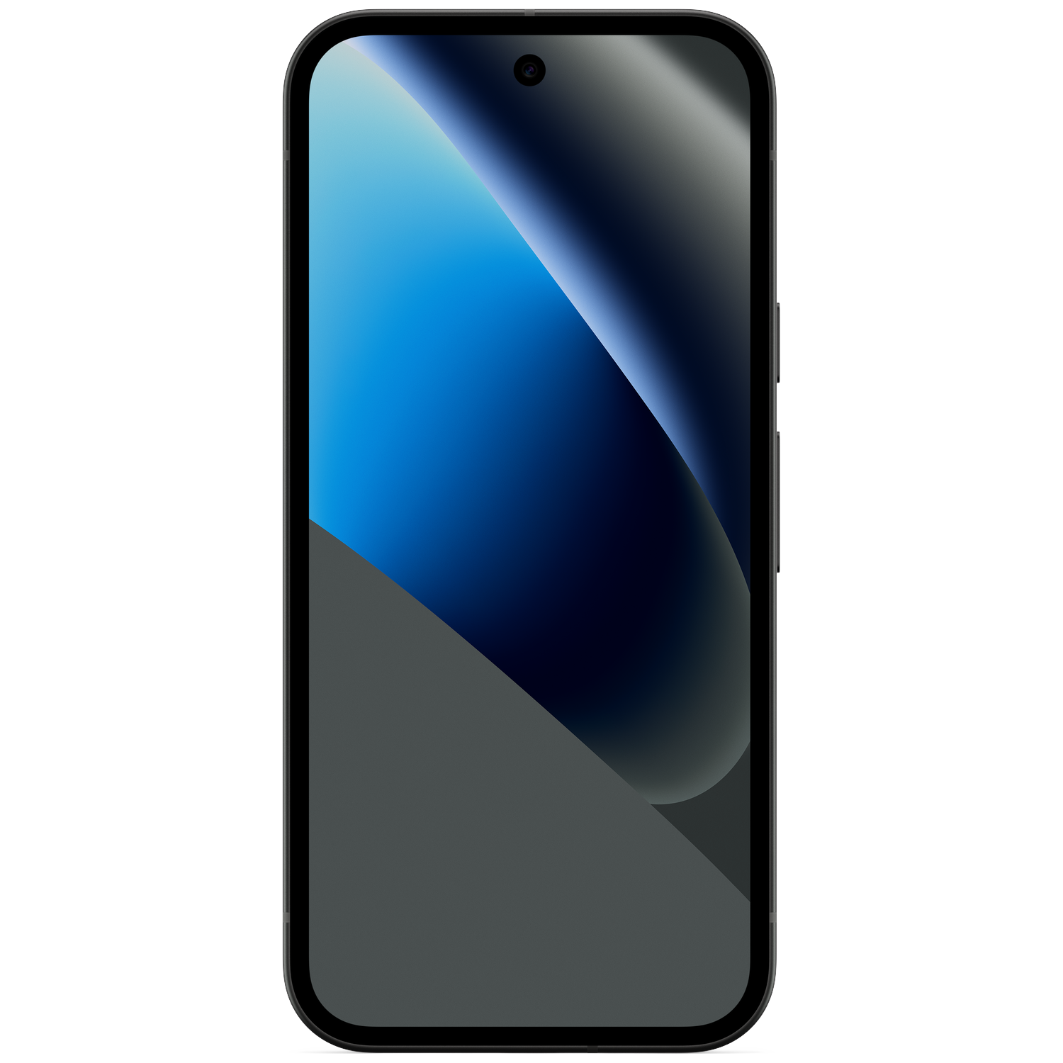 A black smartphone displaying a blue and grey wallpaper.