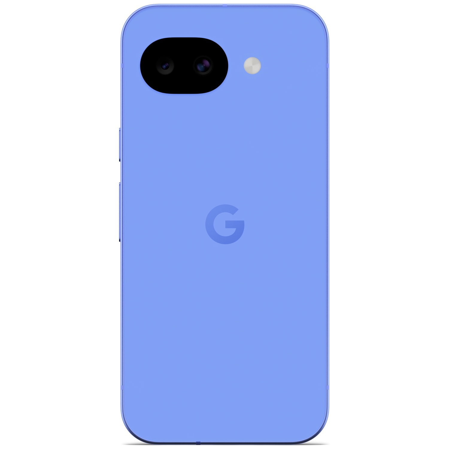 Purple smartphone with dual cameras and Google logo.