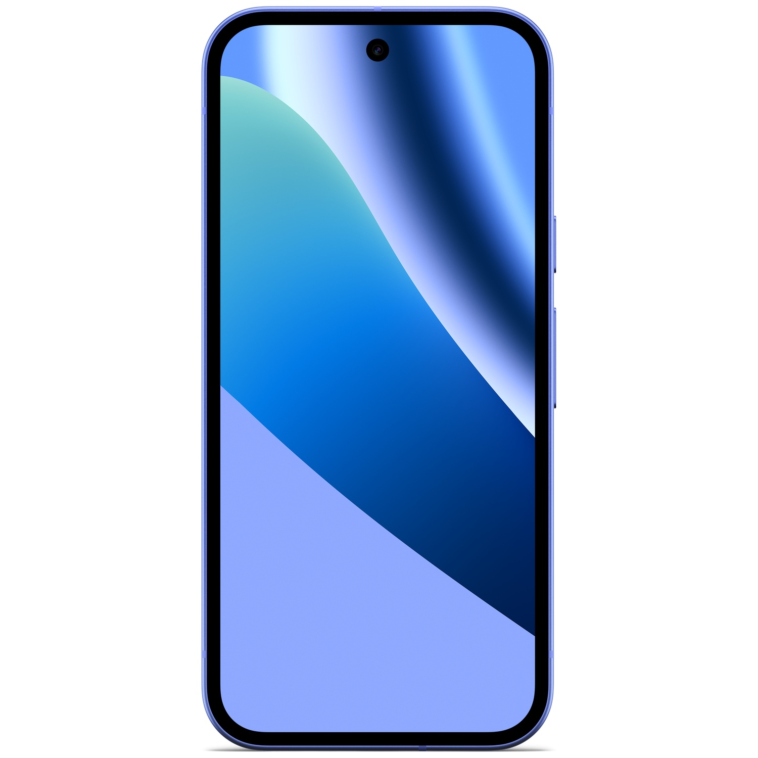 A purple smartphone with a blue and light blue wallpaper on its screen.