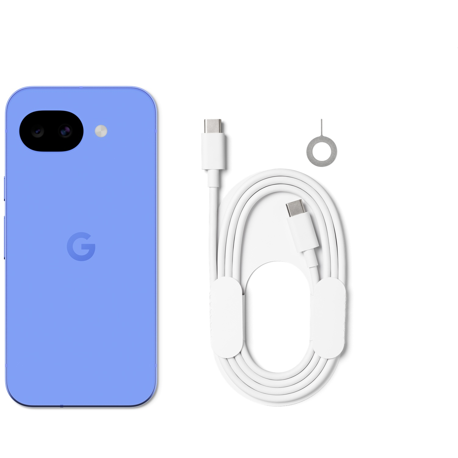 A blue smartphone with two cameras and a white USB-C cable.