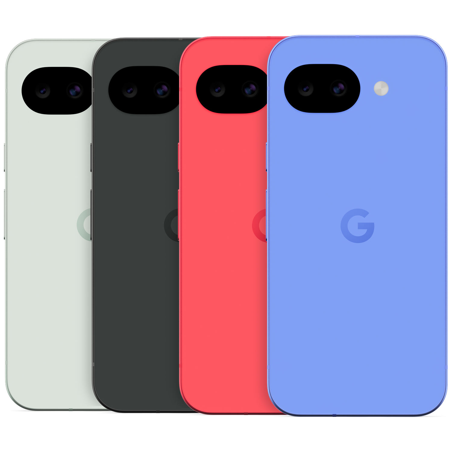 Four Google Pixel phones in light green, dark gray, red, and blue.