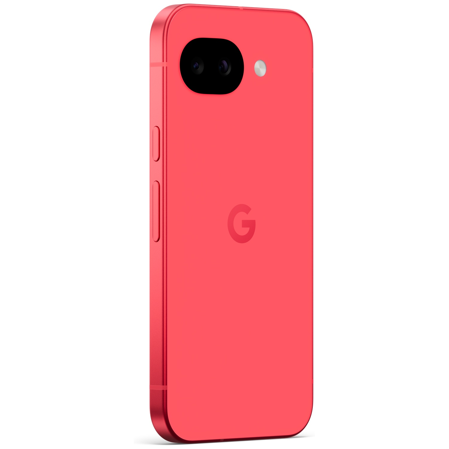 Red Google Pixel smartphone with dual cameras and G logo.