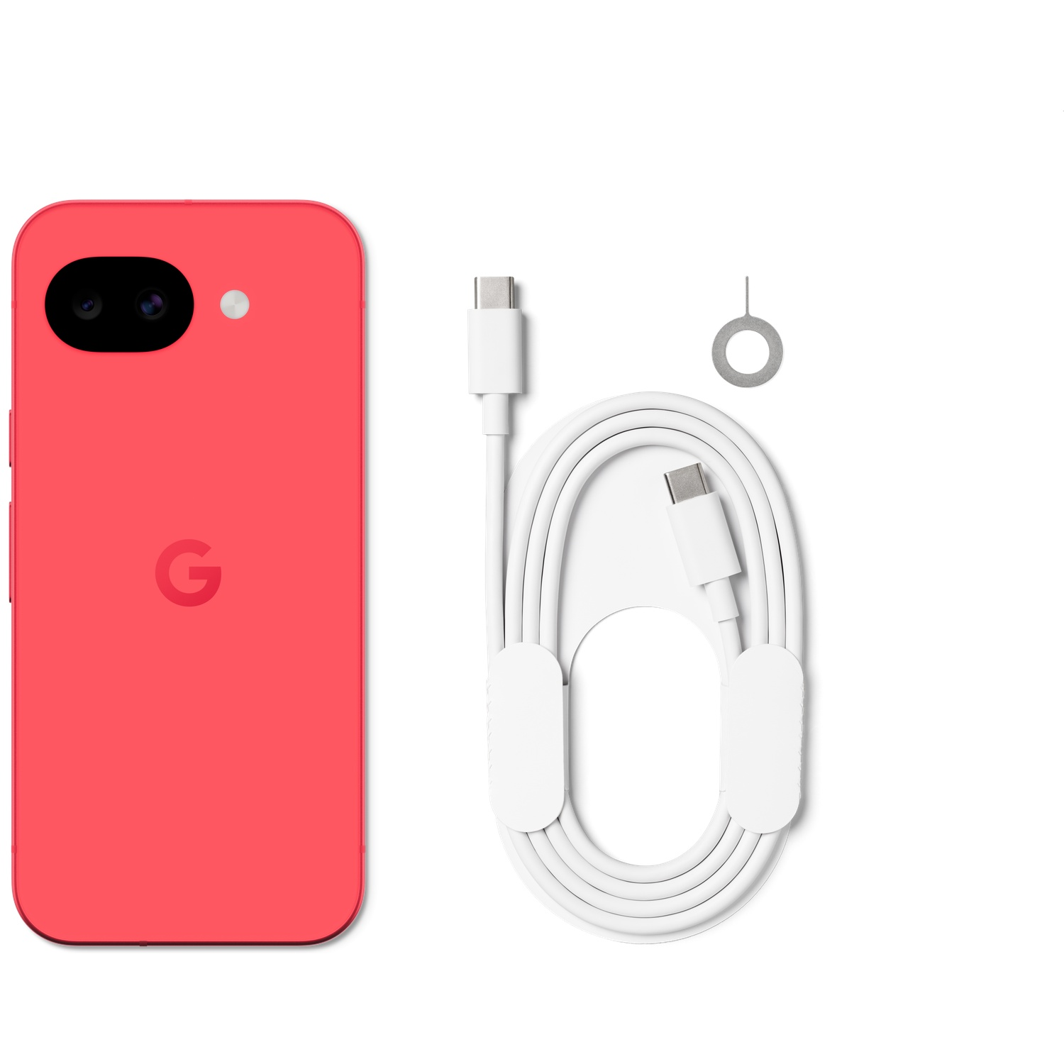 Red smartphone with charging port, cable, and SIM tool.
