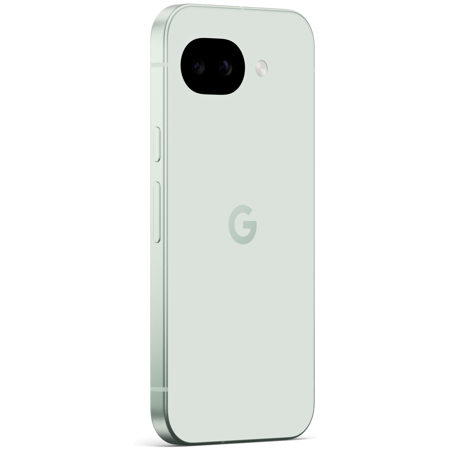 A light green Google Pixel smartphone back with dual camera and Google logo.