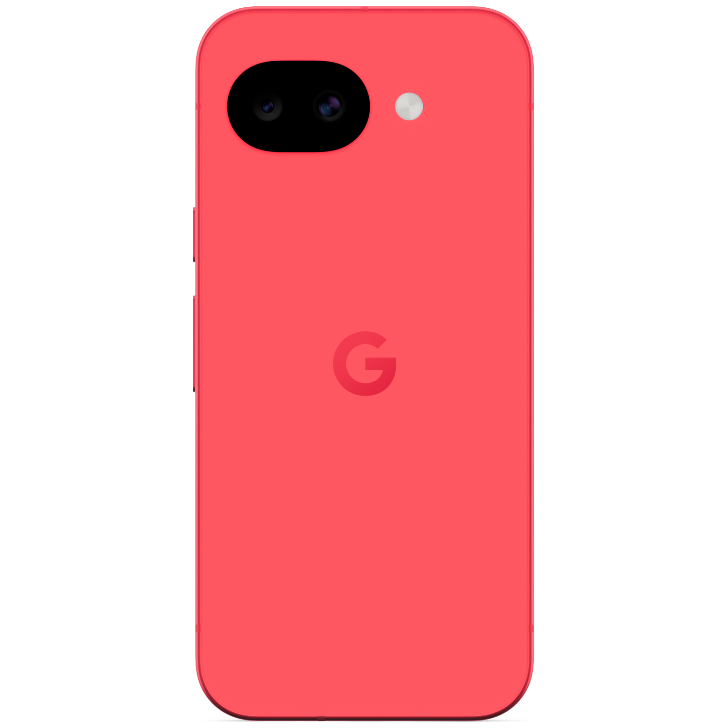 Red Google Pixel smartphone with dual cameras and flash.
