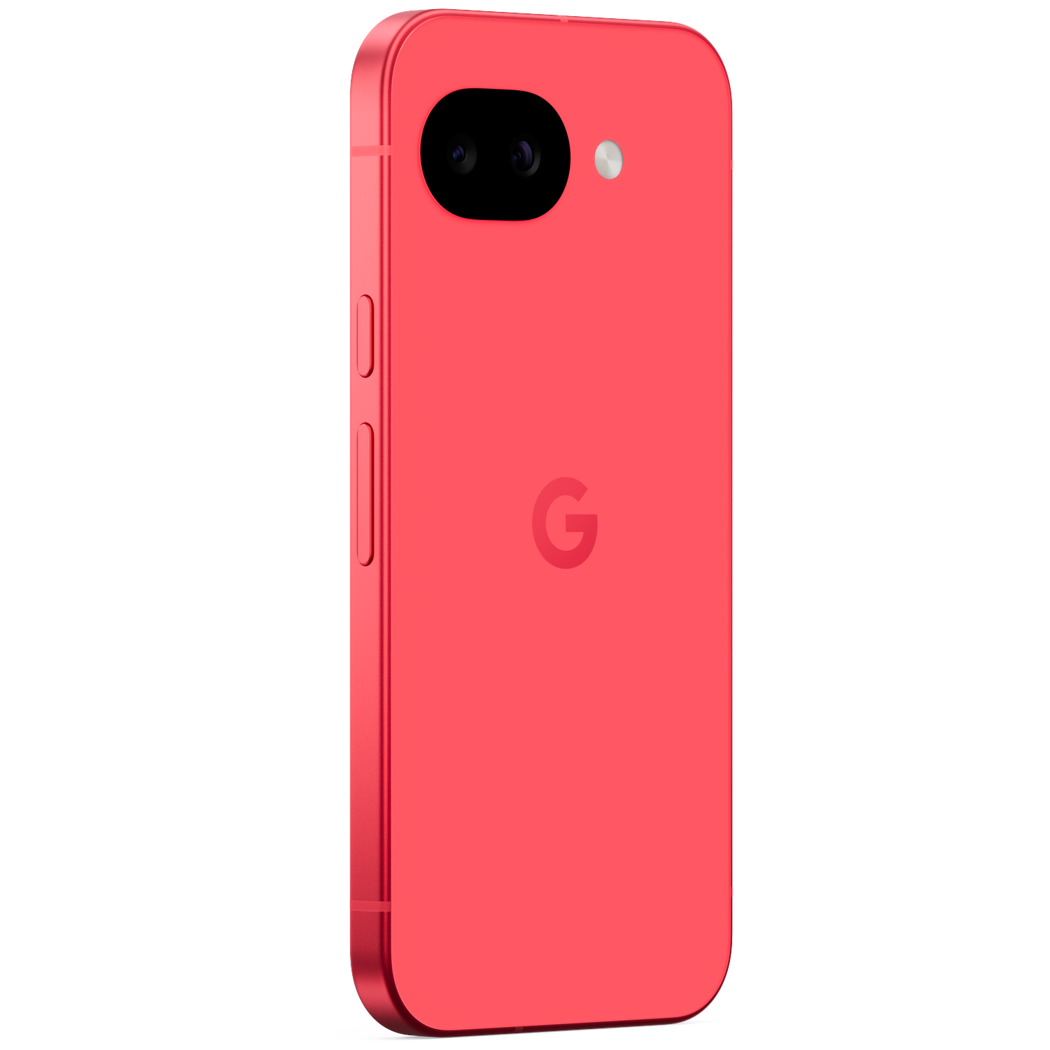 Red smartphone with dual cameras and Google logo on the back.