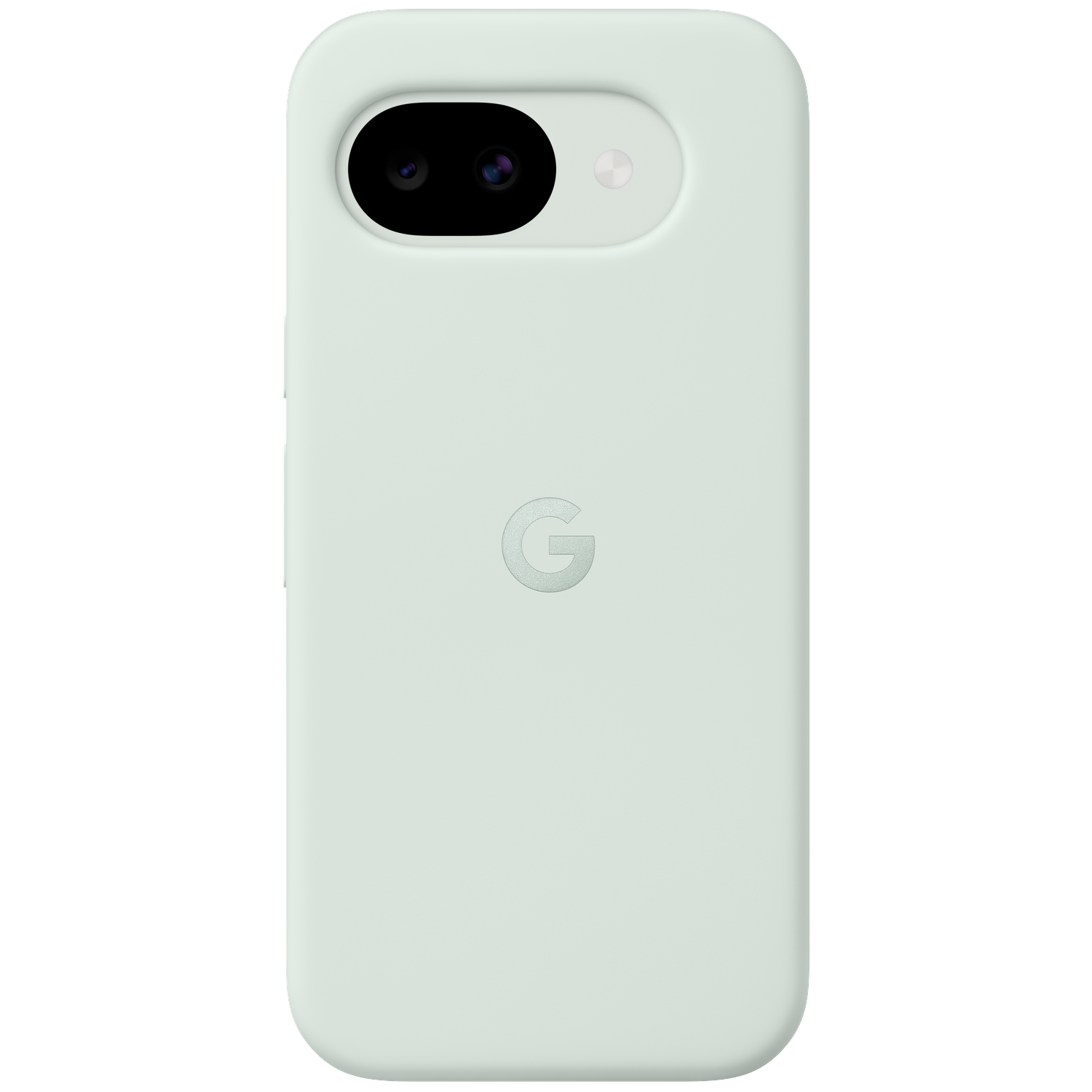 Lichtgroene telefoonhoes met Google logo en camera-uitsparing.