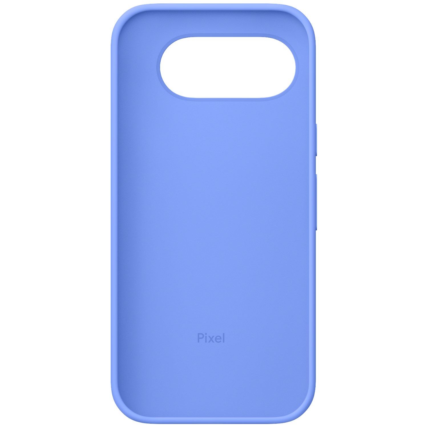 A purple phone case with an oval cutout at the top and the word "Pixel".