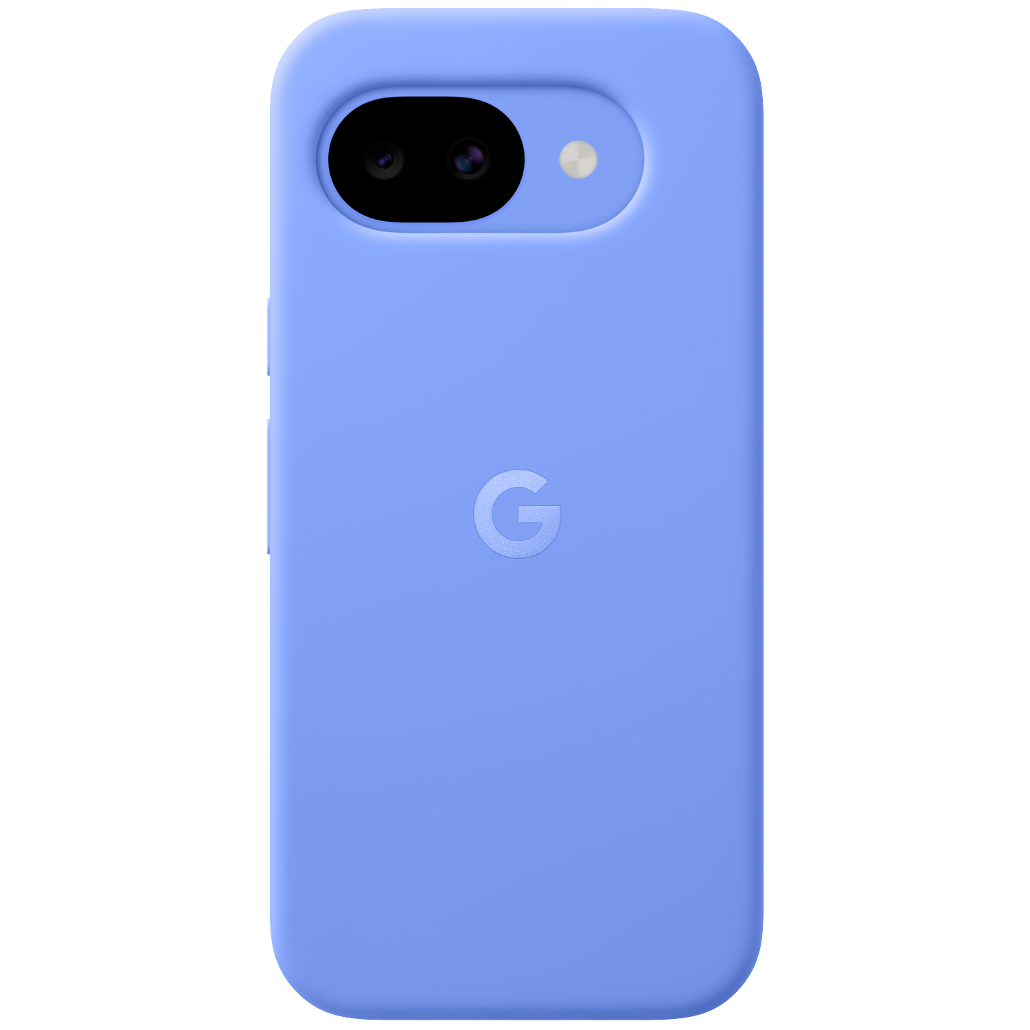Een lichtblauwe telefoonhoes met Google logo en camera-uitsparing.