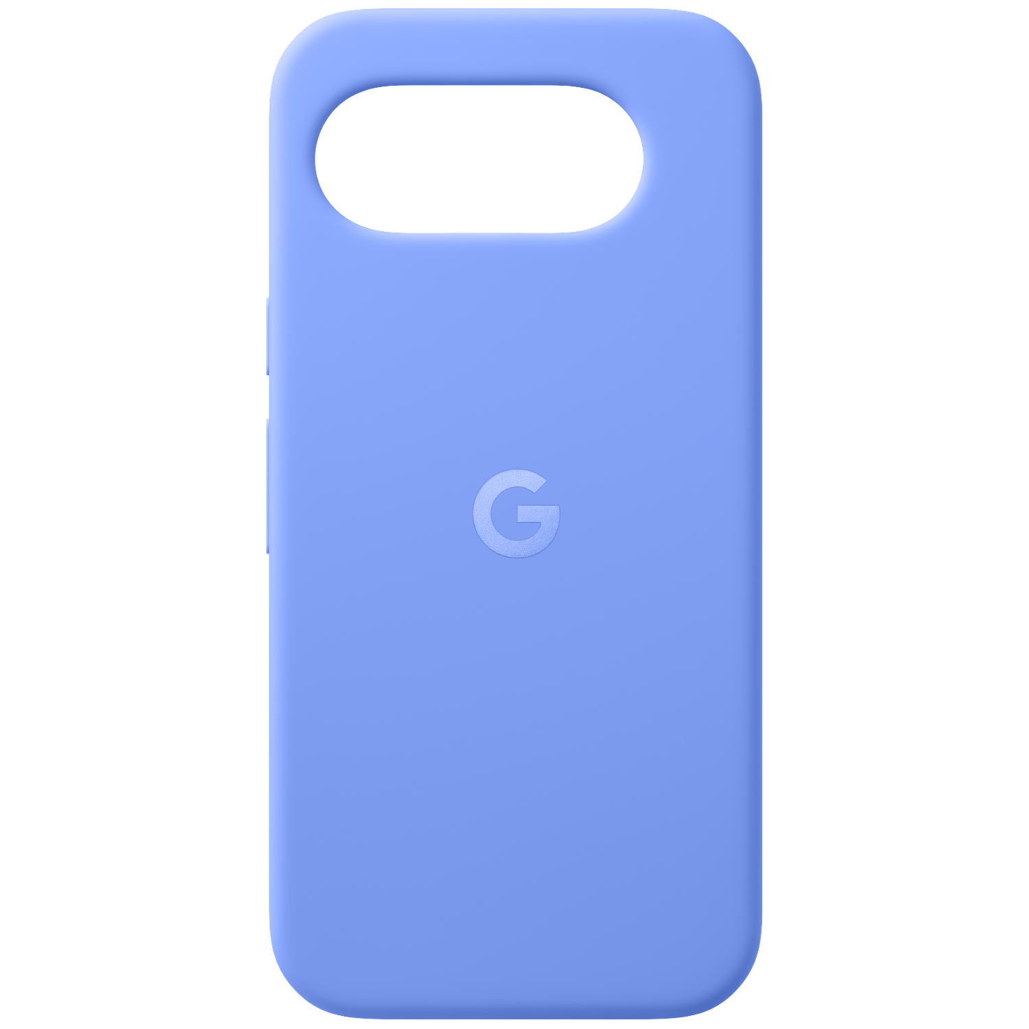 Een lichtblauwe telefoonhoes met een 'G'-logo in reliëf.
