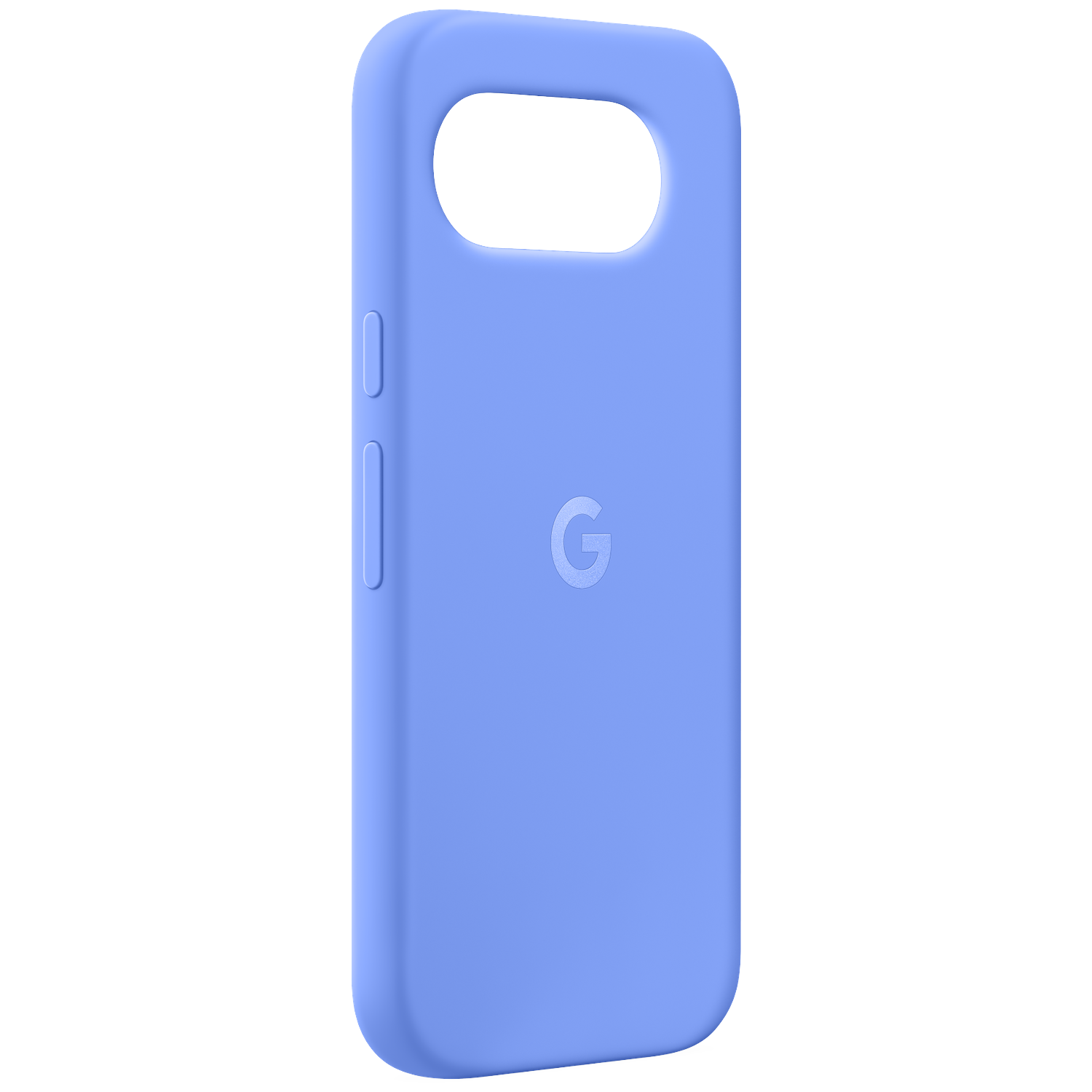 Een lichtblauwe telefoonhoes met een Google-logo in reliëf.