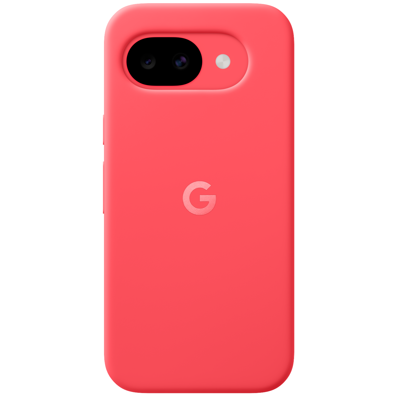 Une coque de téléphone rose corail avec logo Google et découpe caméra.
