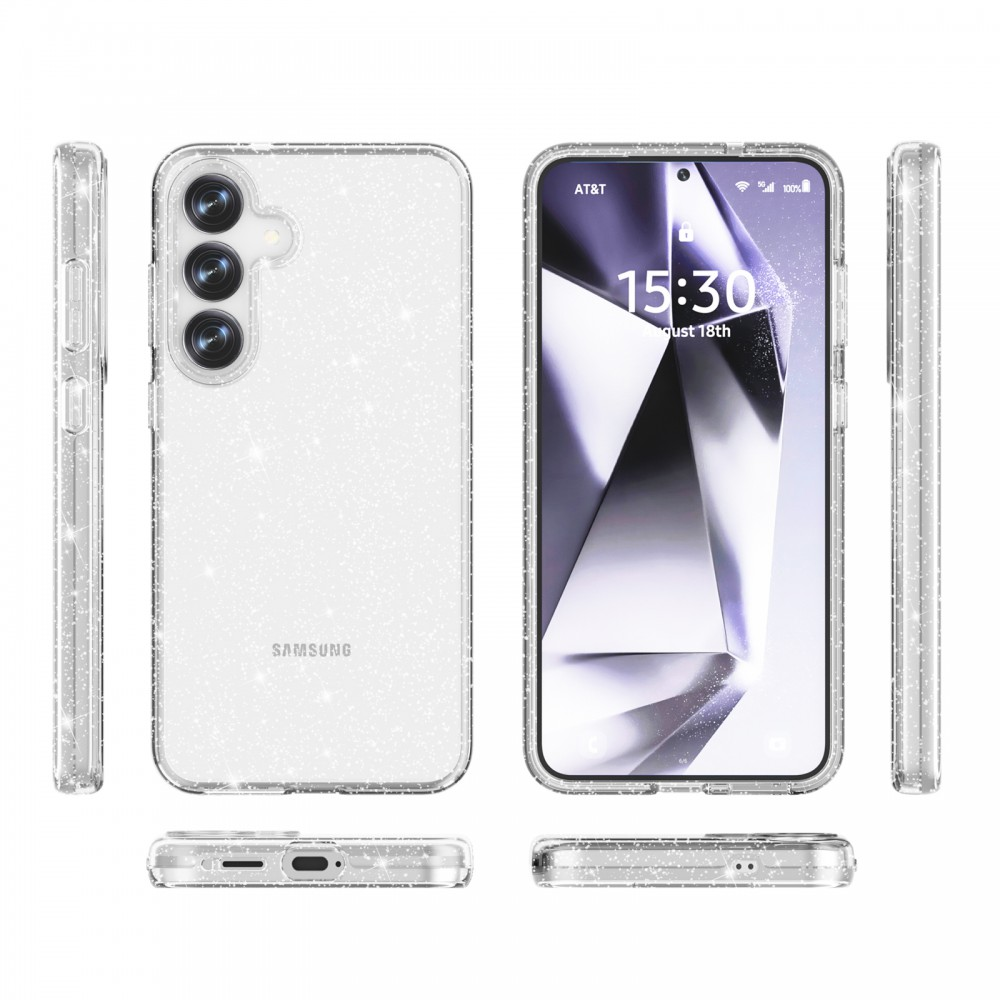 Átlátszó, csillámos telefontok négy nézetben, Samsung telefonnal.