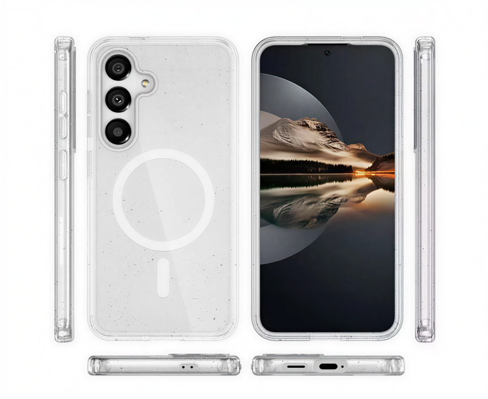 Átlátszó telefontok mágnesgyűrűvel és hegyvidéki tájat ábrázoló telefon.