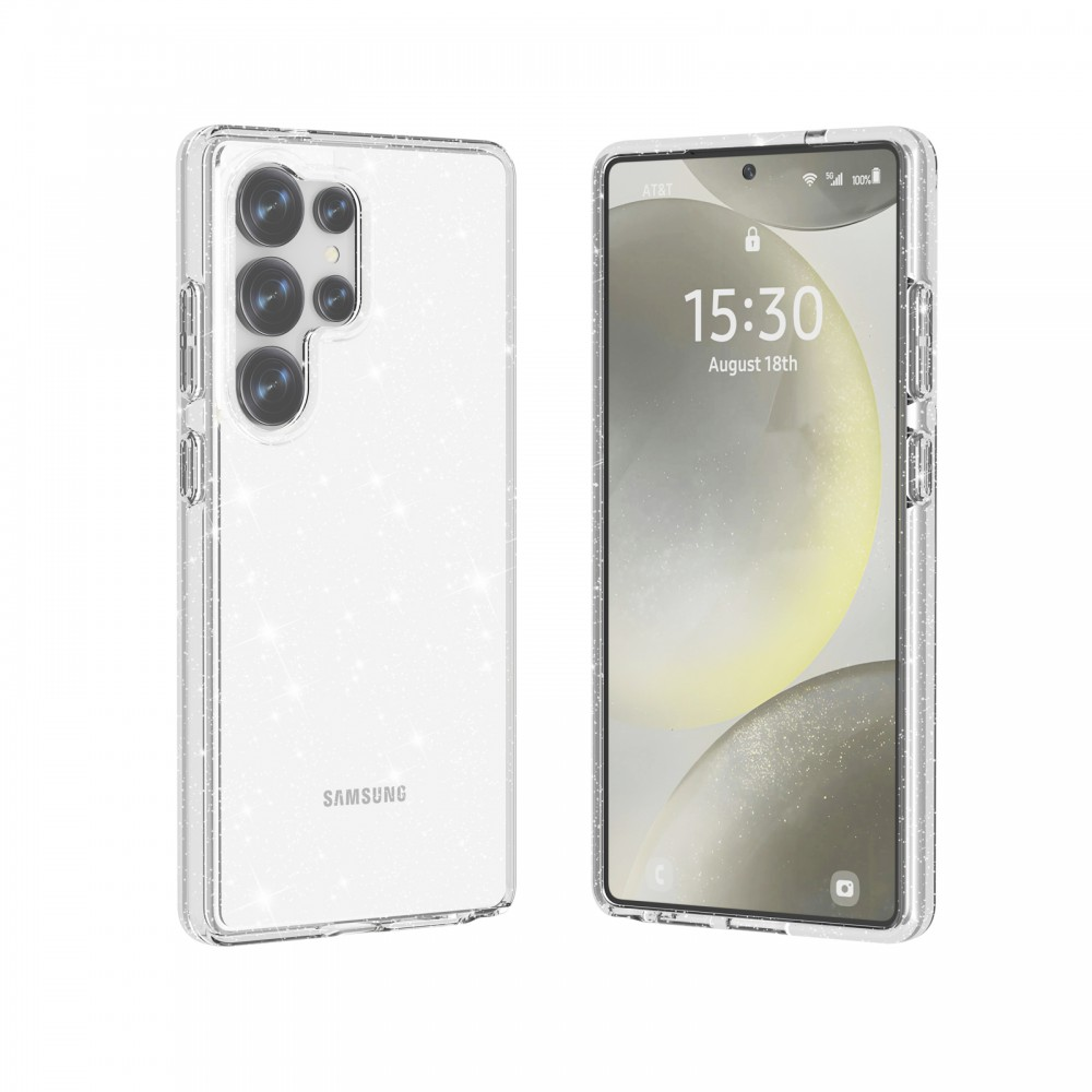 Csillogó átlátszó telefontok egy Samsung telefonnal.
