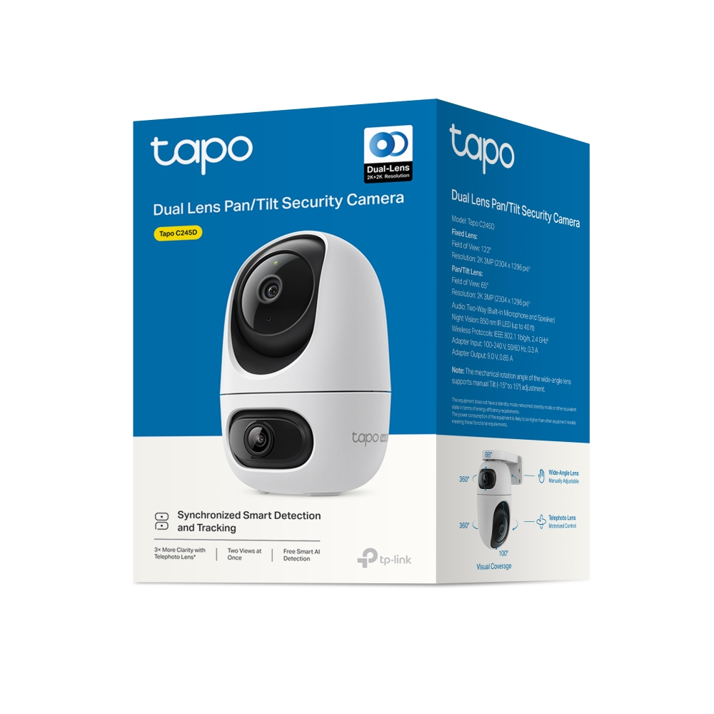 Tapo C245D Dual-Lens Pan/Tilt biztonsági kamera csomagolása kameranézettel.