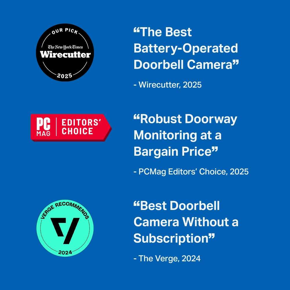 Díjak a Wirecutter, PCMag és a The Verge részéről a csengő kamerákhoz.