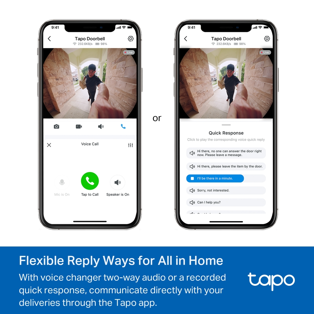 Két telefonképernyőn látható a Tapo app. Balon hívás, jobbon gyors válaszok.