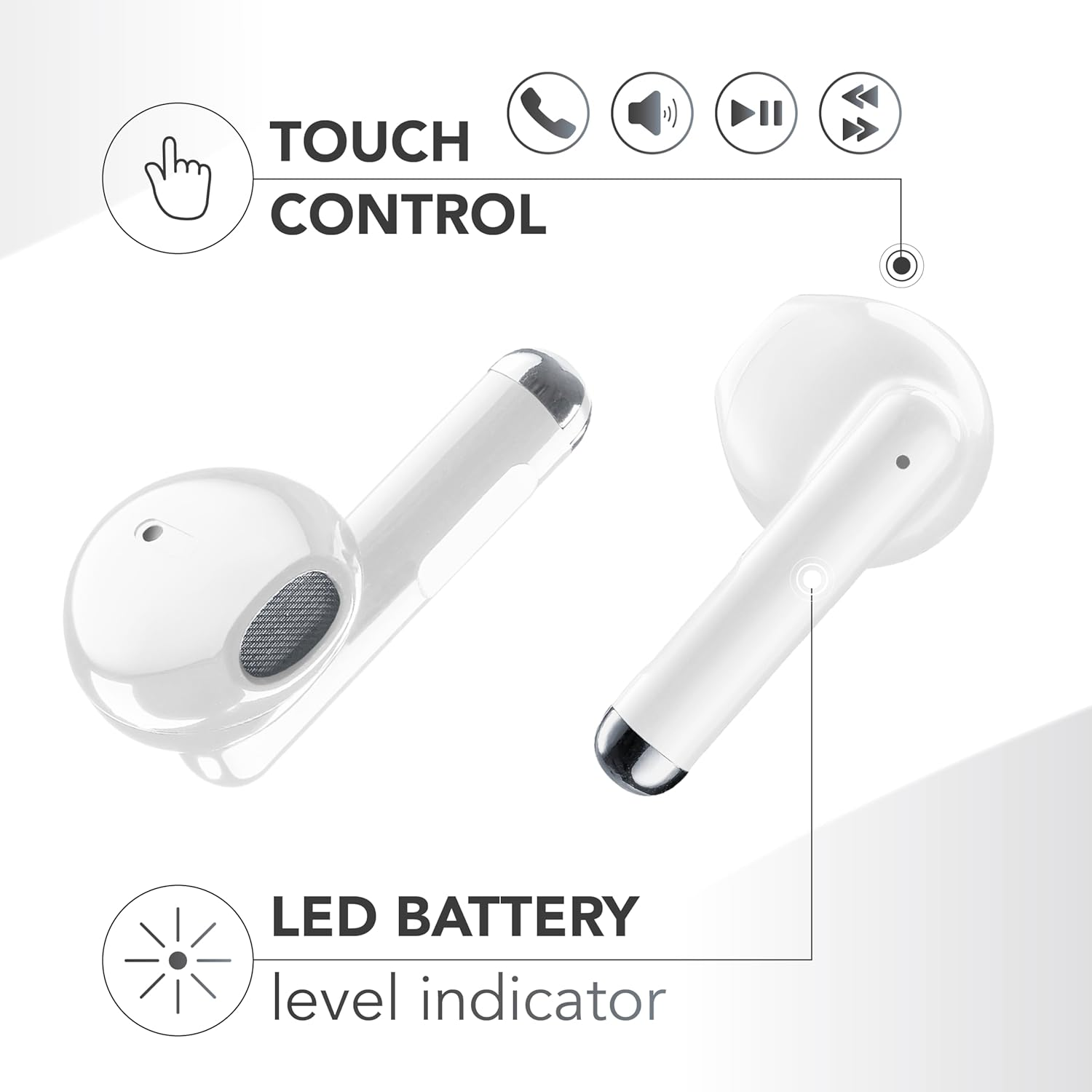 Due auricolari bianchi wireless con controllo touch e indicatore LED.