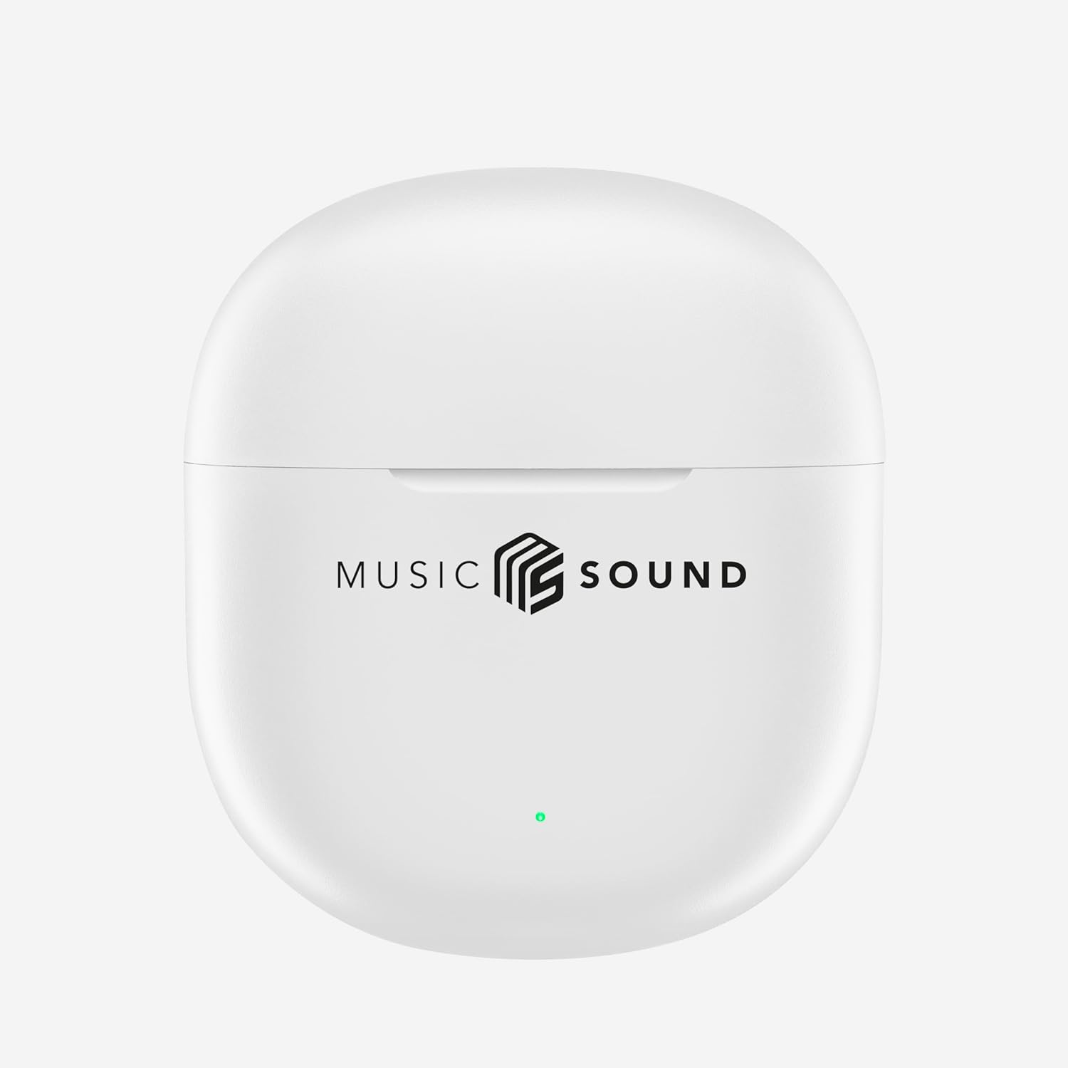 Una custodia di ricarica bianca per auricolari con il logo "MUSIC SOUND" e un LED verde.