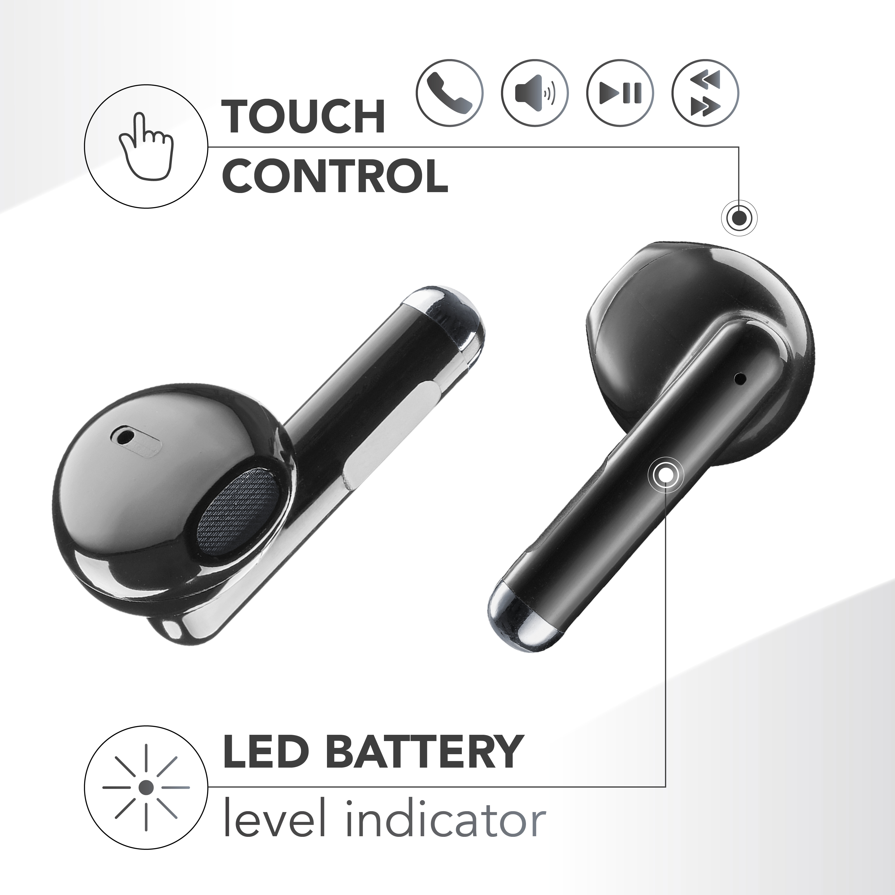 Due auricolari wireless neri con controllo touch e indicatore LED della batteria.