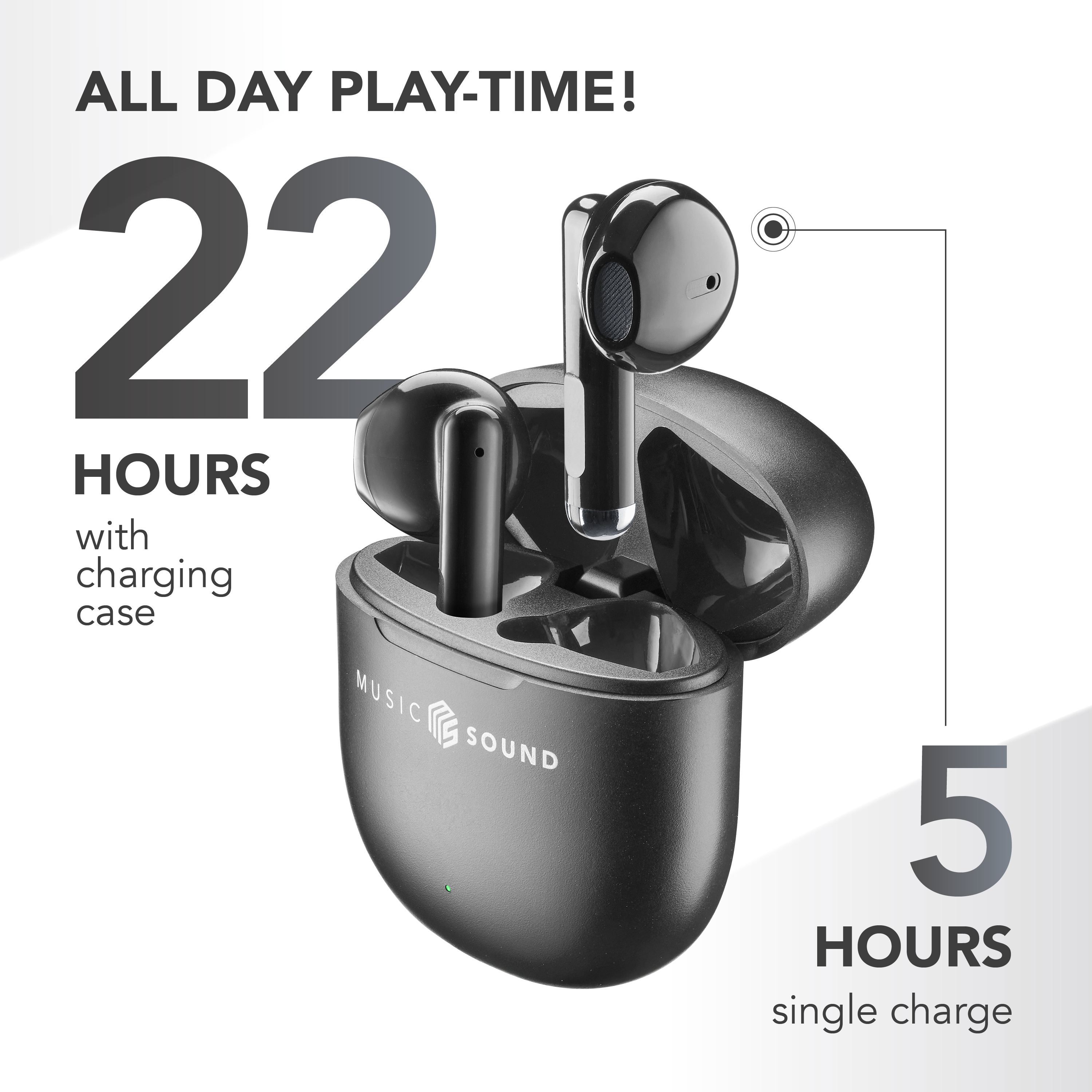 Auricolari wireless neri in custodia di ricarica aperta, 22 ore con custodia, 5 ore da soli.