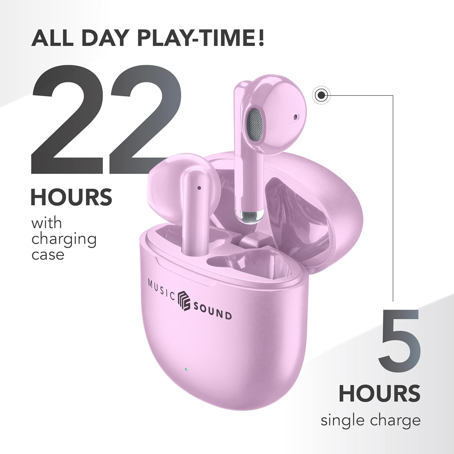 Auricolari e custodia rosa, con testo "22 ORE con custodia di ricarica" e "5 ORE carica singola".