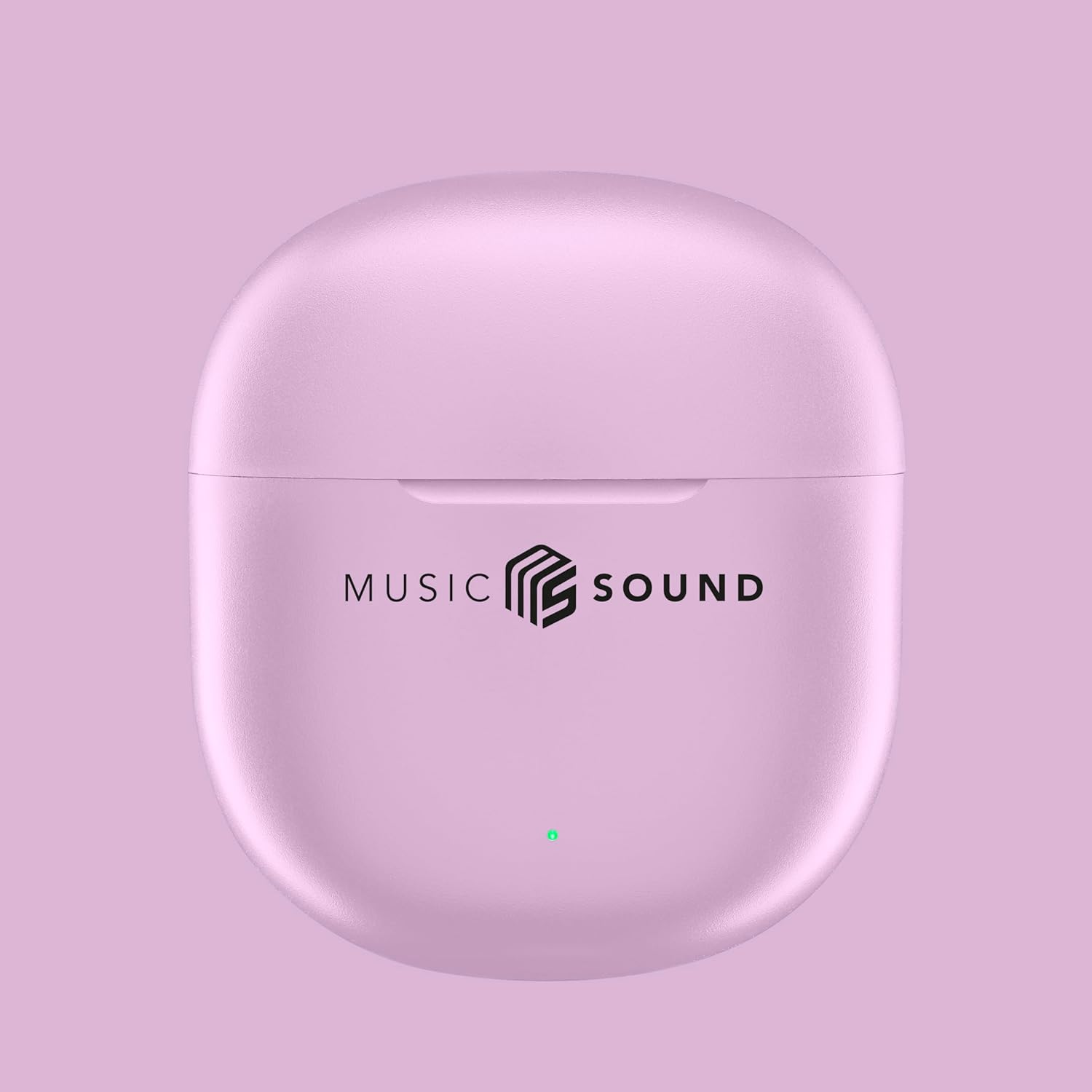 Una custodia di ricarica rosa per auricolari con il logo "MUSIC SOUND".