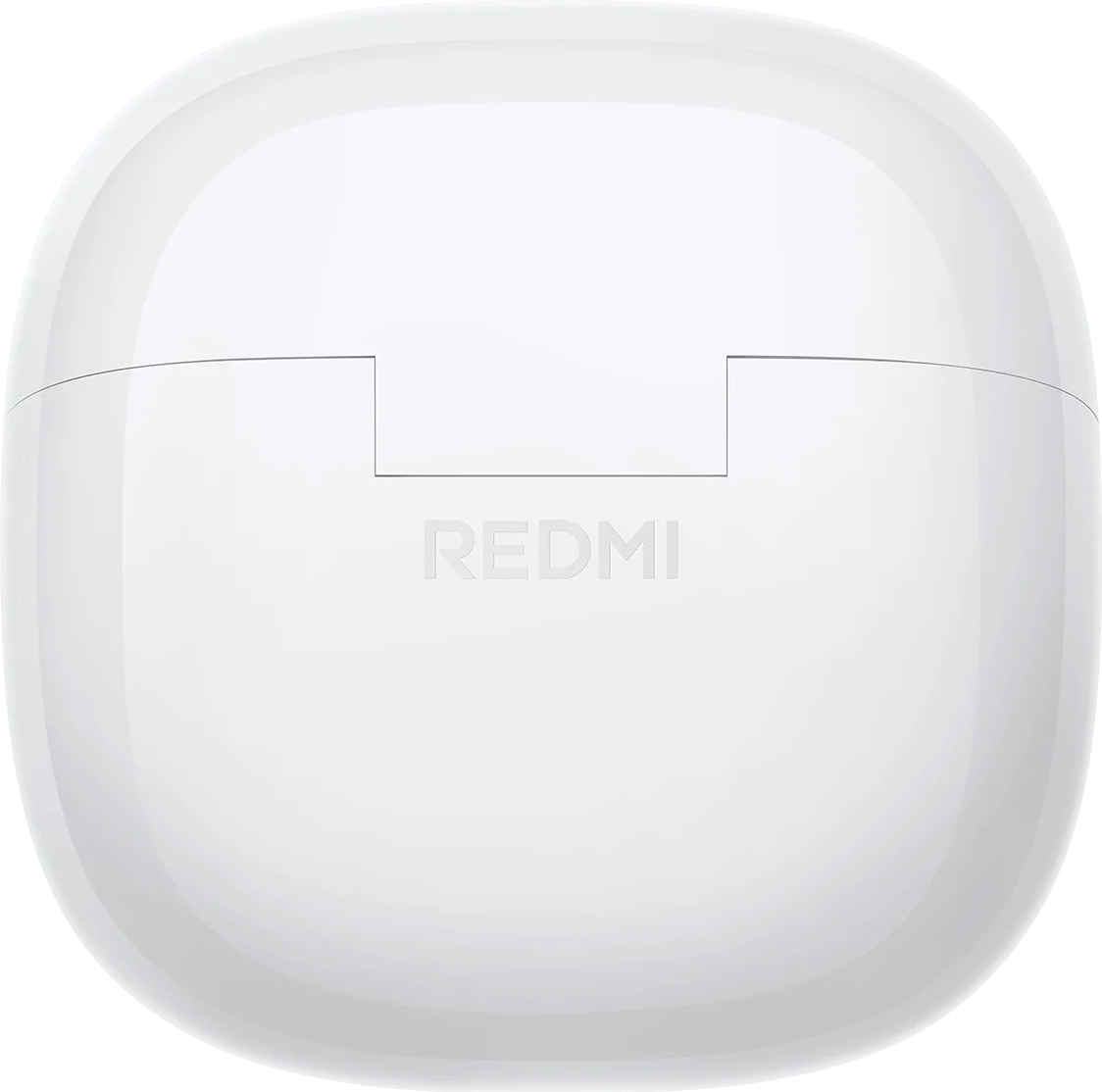 Geschlossenes weißes Ladeetui für Kopfhörer mit "REDMI"-Logo.