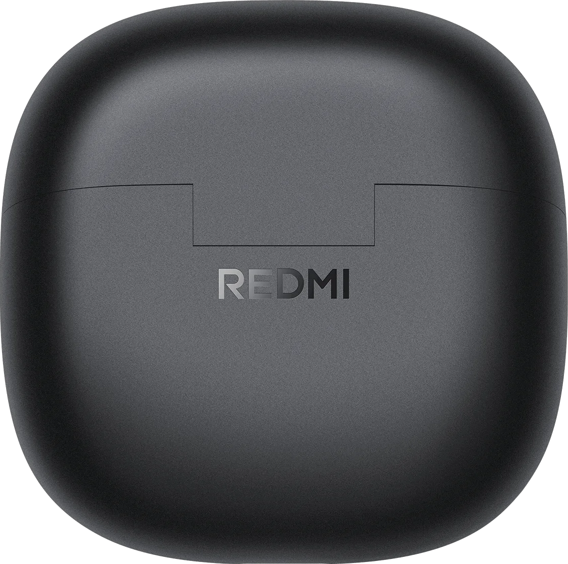Un étui de chargement gris foncé fermé pour écouteurs sans fil, avec le logo REDMI.