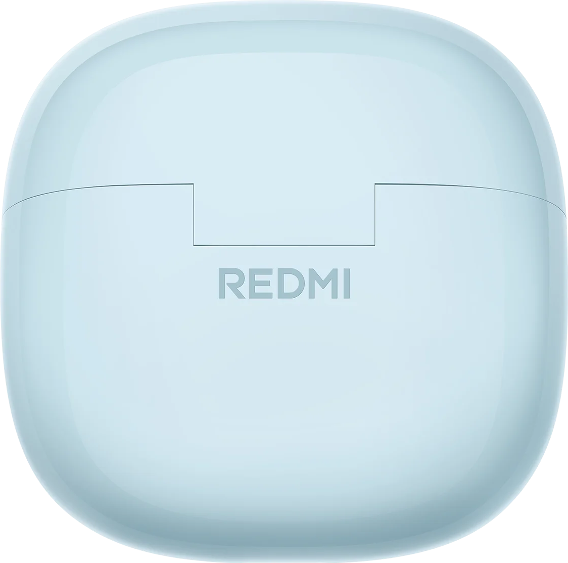 Boîtier de chargement bleu clair avec le logo "REDMI" au centre.