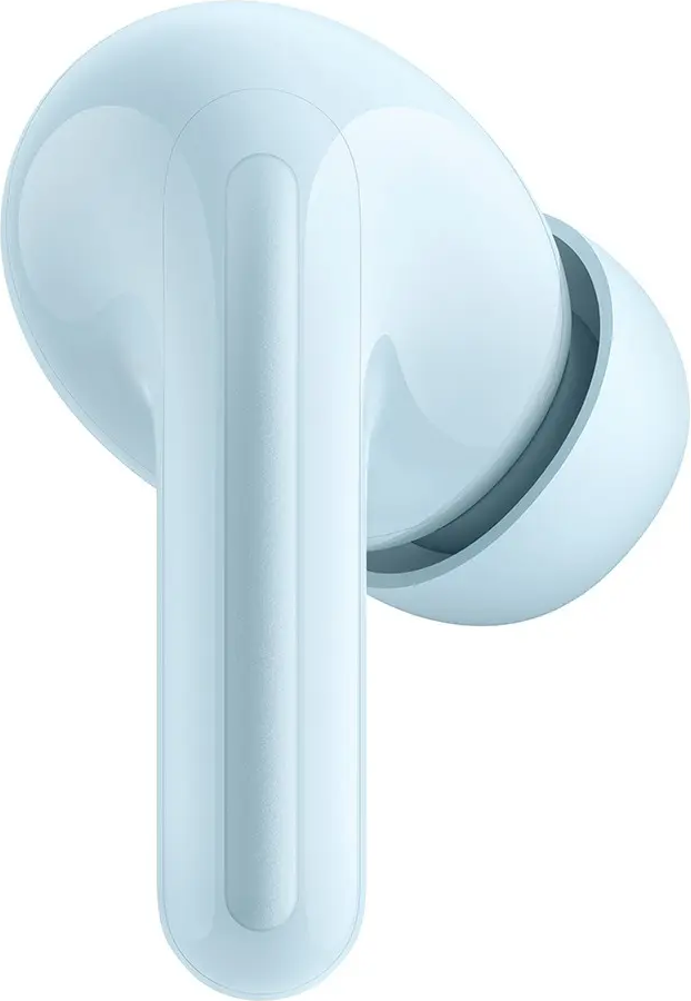 Un écouteur sans fil bleu clair sur fond blanc.