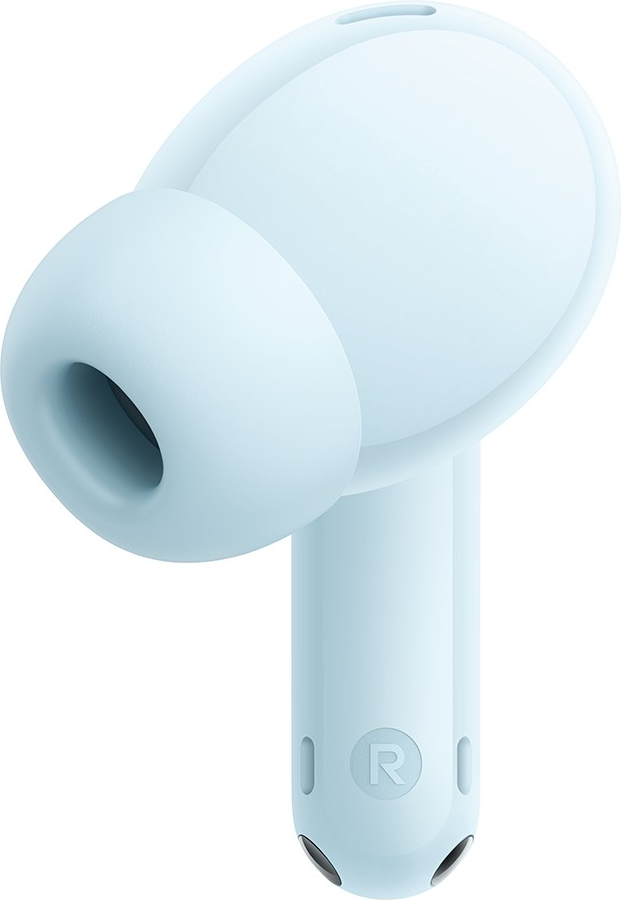 Écouteur bleu clair avec symbole R sur fond blanc.
