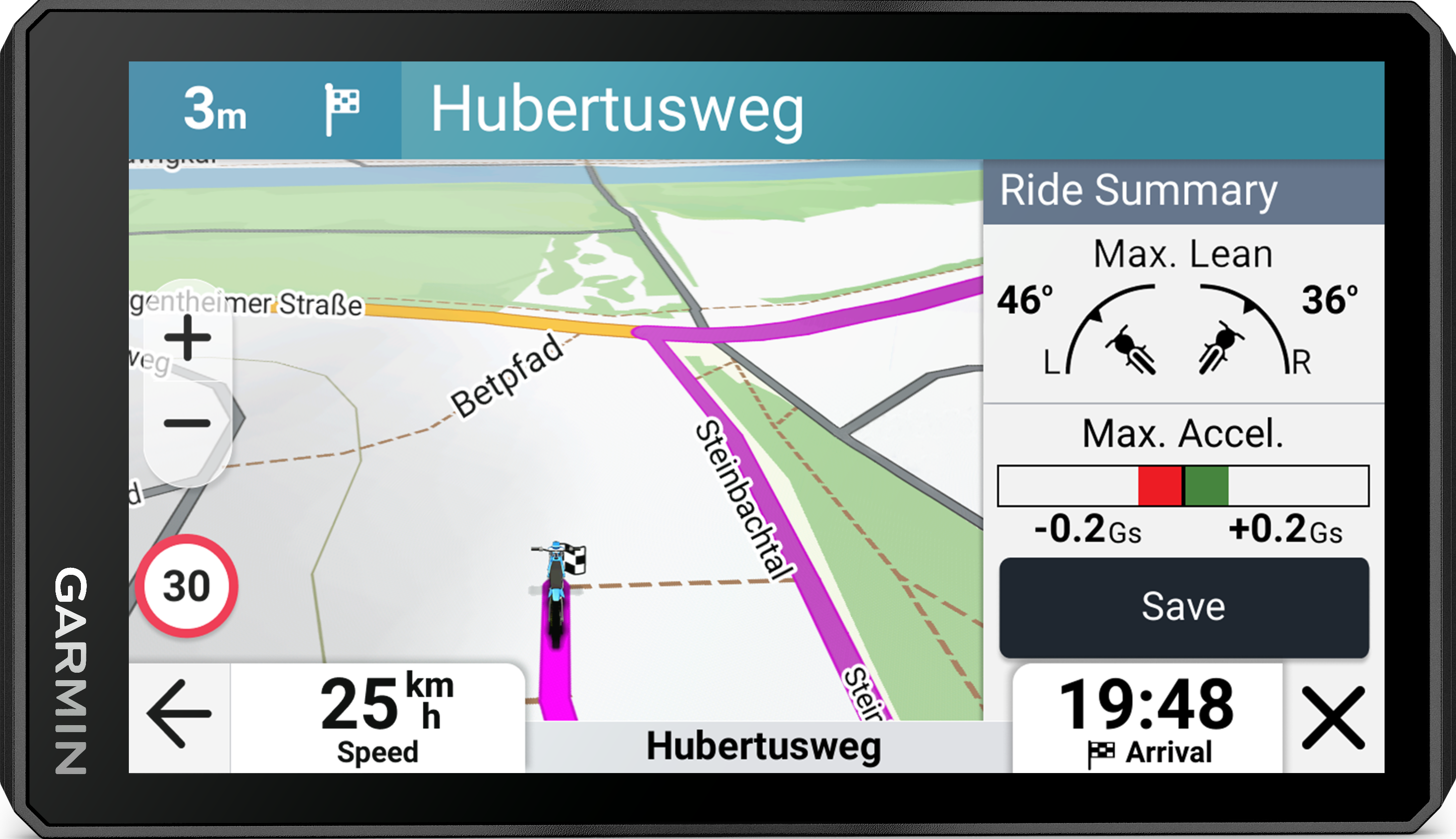 Dispositivo di navigazione mostra mappa con percorso Hubertusweg, velocità 25 km/h e riepilogo corsa.
