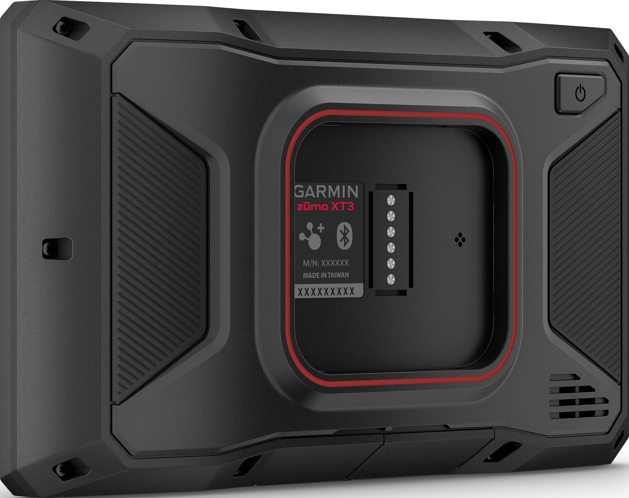 Dispositivo di navigazione Garmin Zumo XT3 nero con contatti di ricarica e anello rosso.