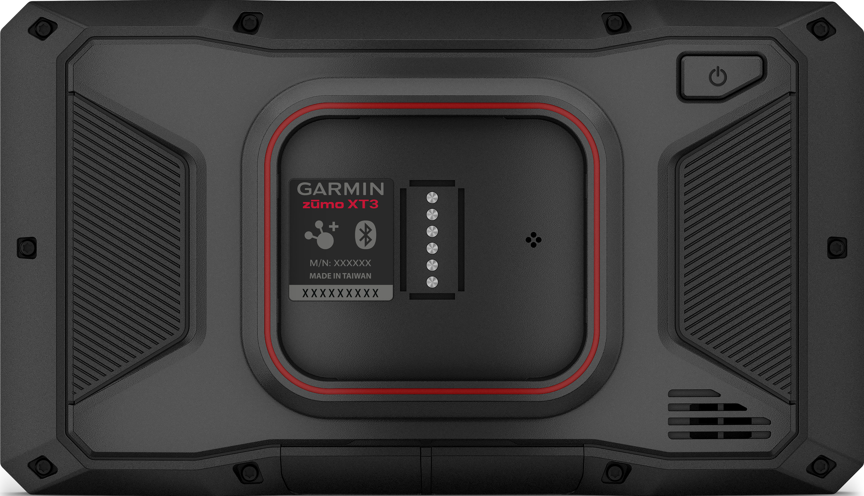 Retro di un dispositivo di navigazione Garmin Zumo XT3 nero con accenti rossi.