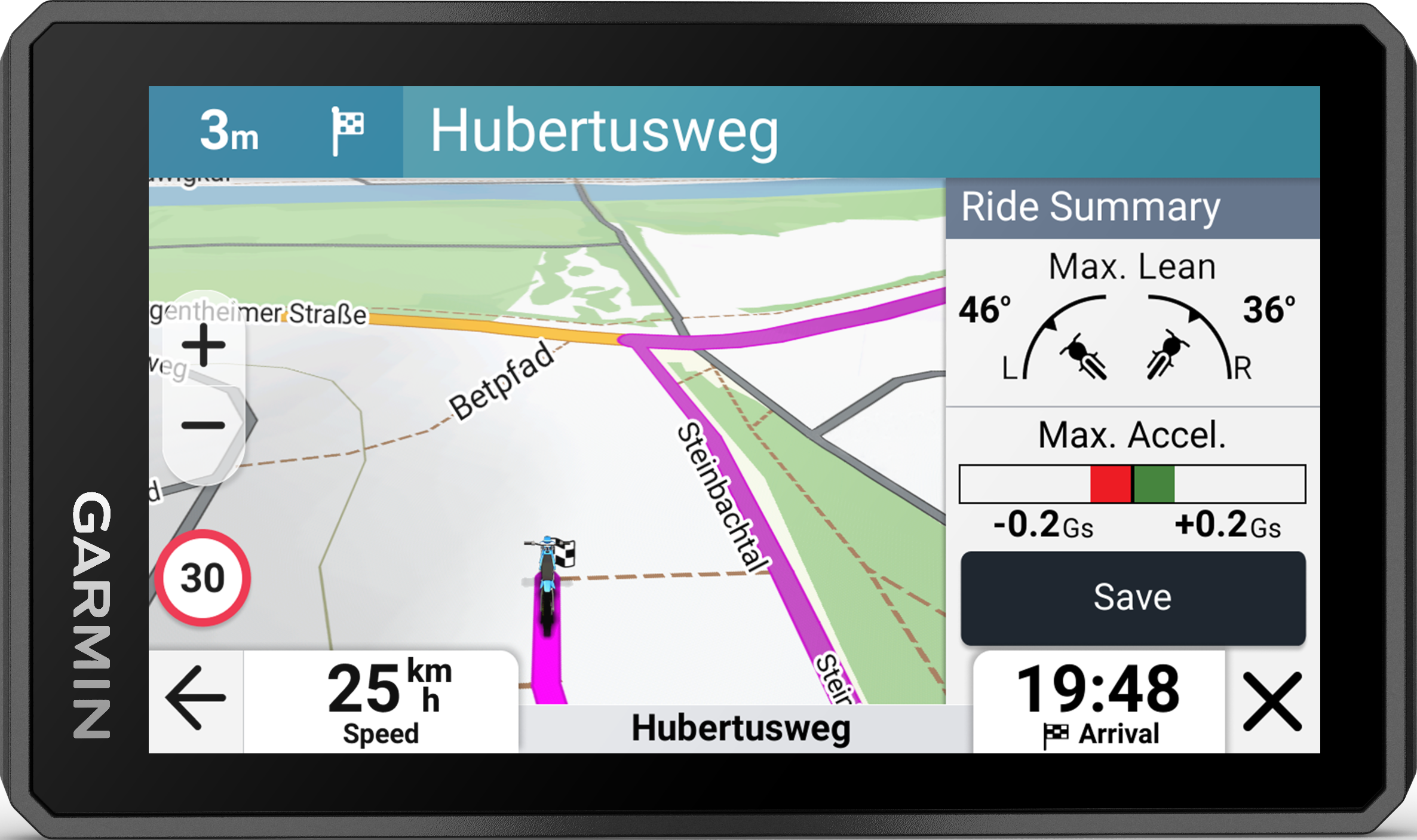 Garmin-Navigationsgerät zeigt Karte mit Route, Geschwindigkeit und Fahrzusammenfassung.