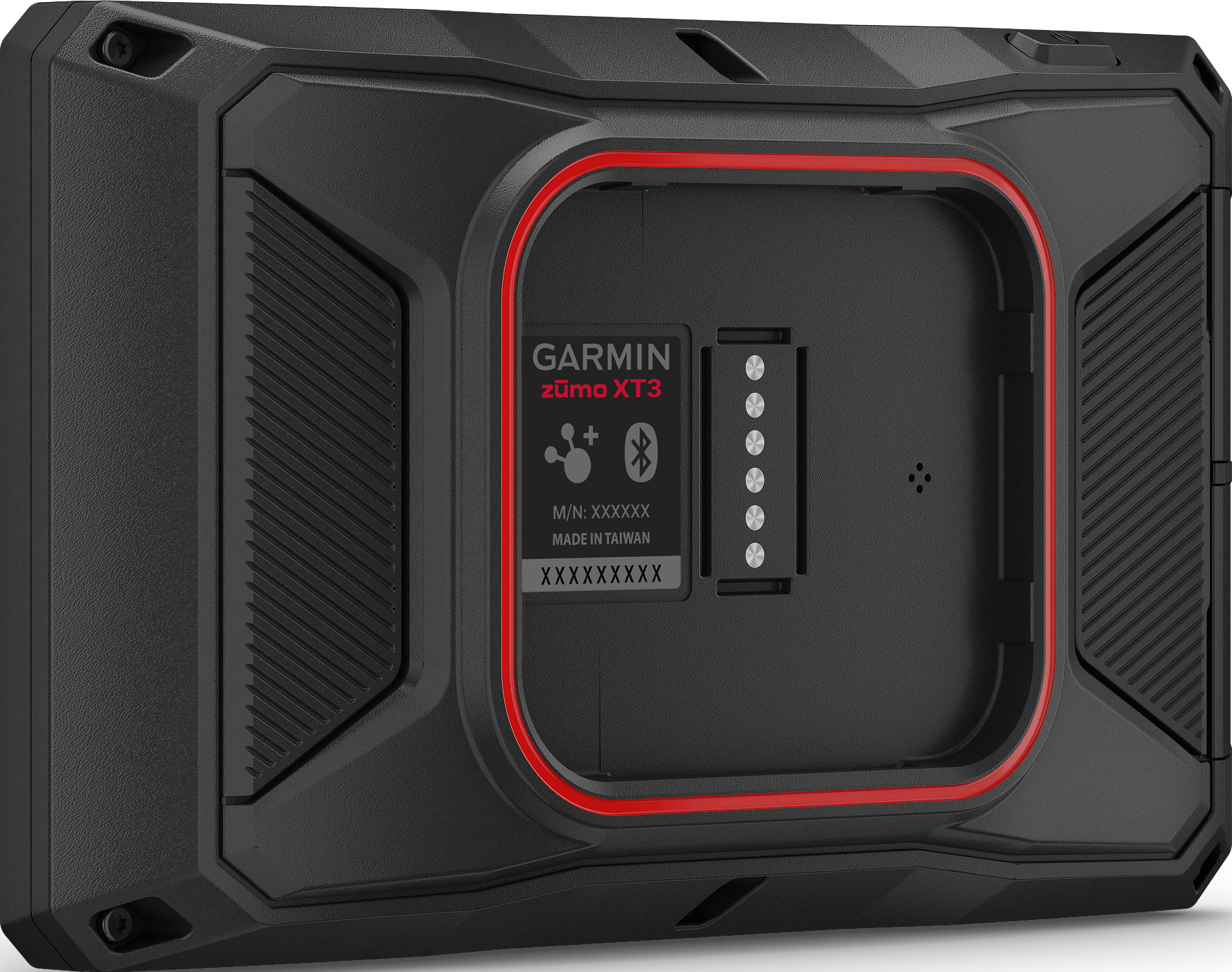 Rückseite eines schwarzen Garmin Zumo XT3 Navigationsgeräts mit roten Akzenten.