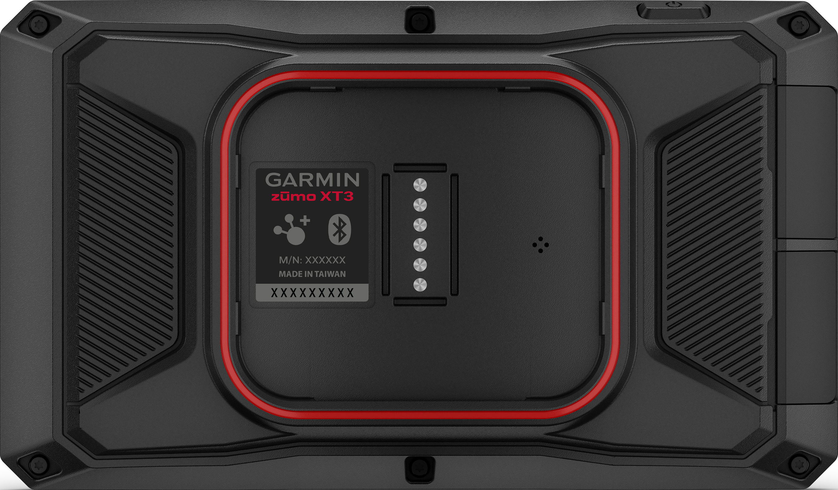 Rückseite eines schwarzen Garmin zūmo XT3 Navigationsgeräts mit rotem Ring.
