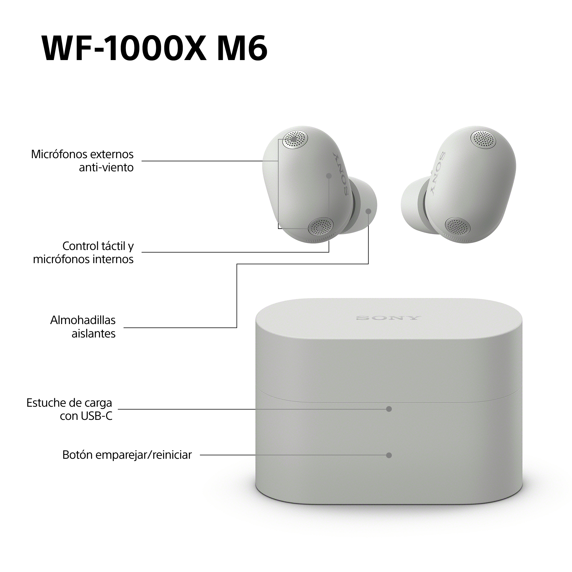 Auriculares y estuche de carga Sony WF-1000XM6 en gris con etiquetas.